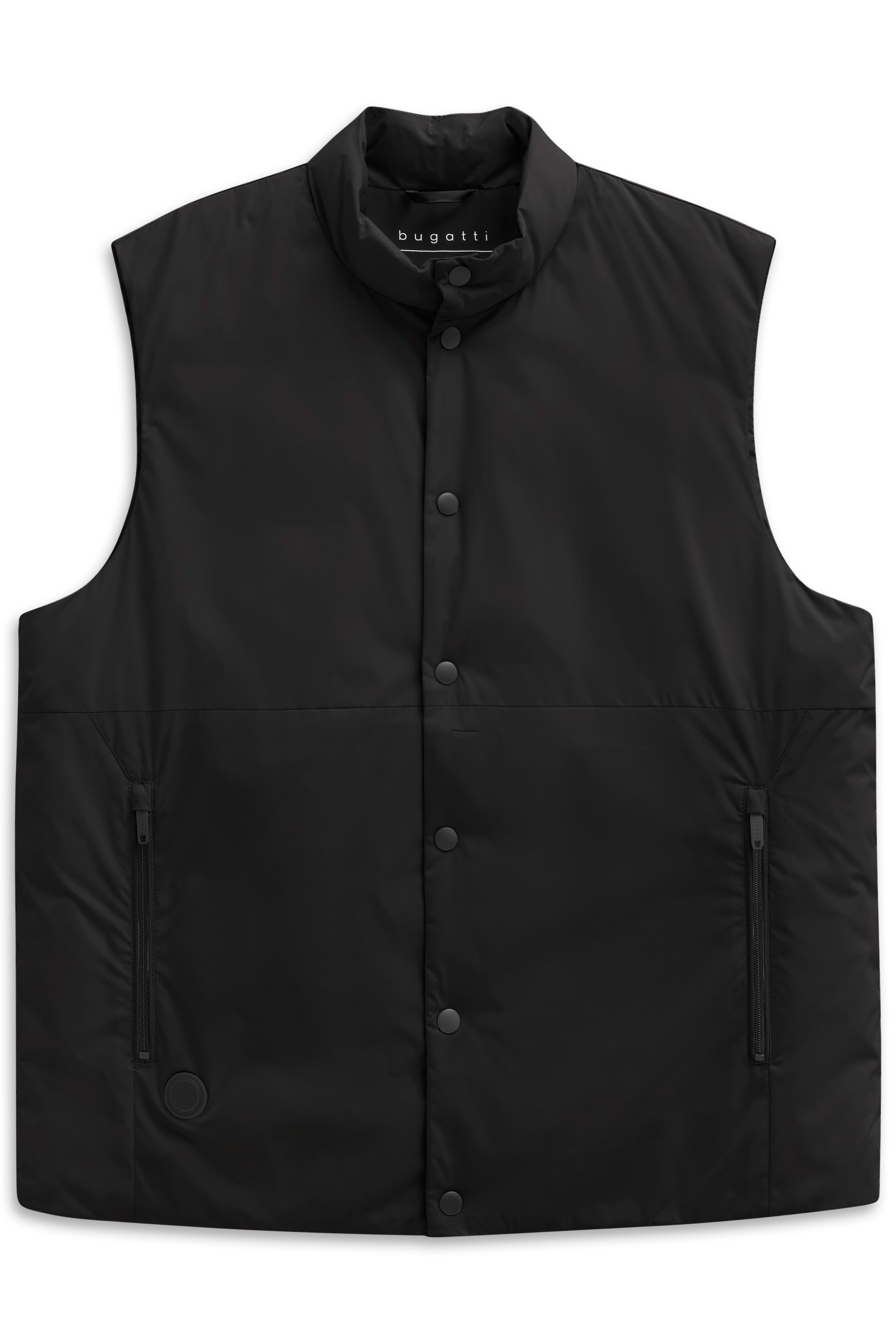 Zwarte bugatti bodywarmer, mouwloos, knopenrij, zijzakken. Busteweergave.