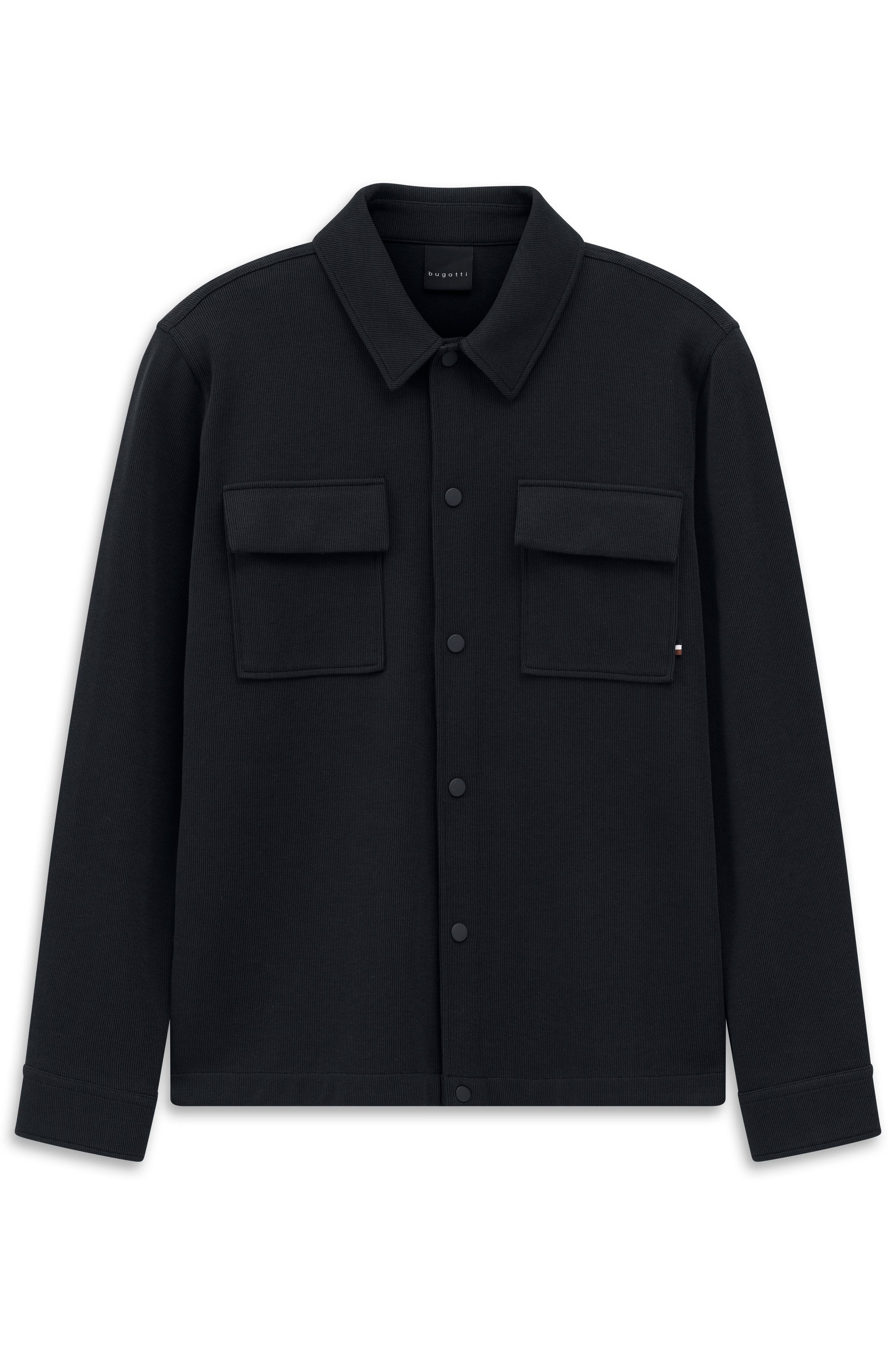 Schwarzes bugatti Overshirt mit Knopfverschluss und Brusttaschen, Büstenbild, stilvoll und zeitlos.
