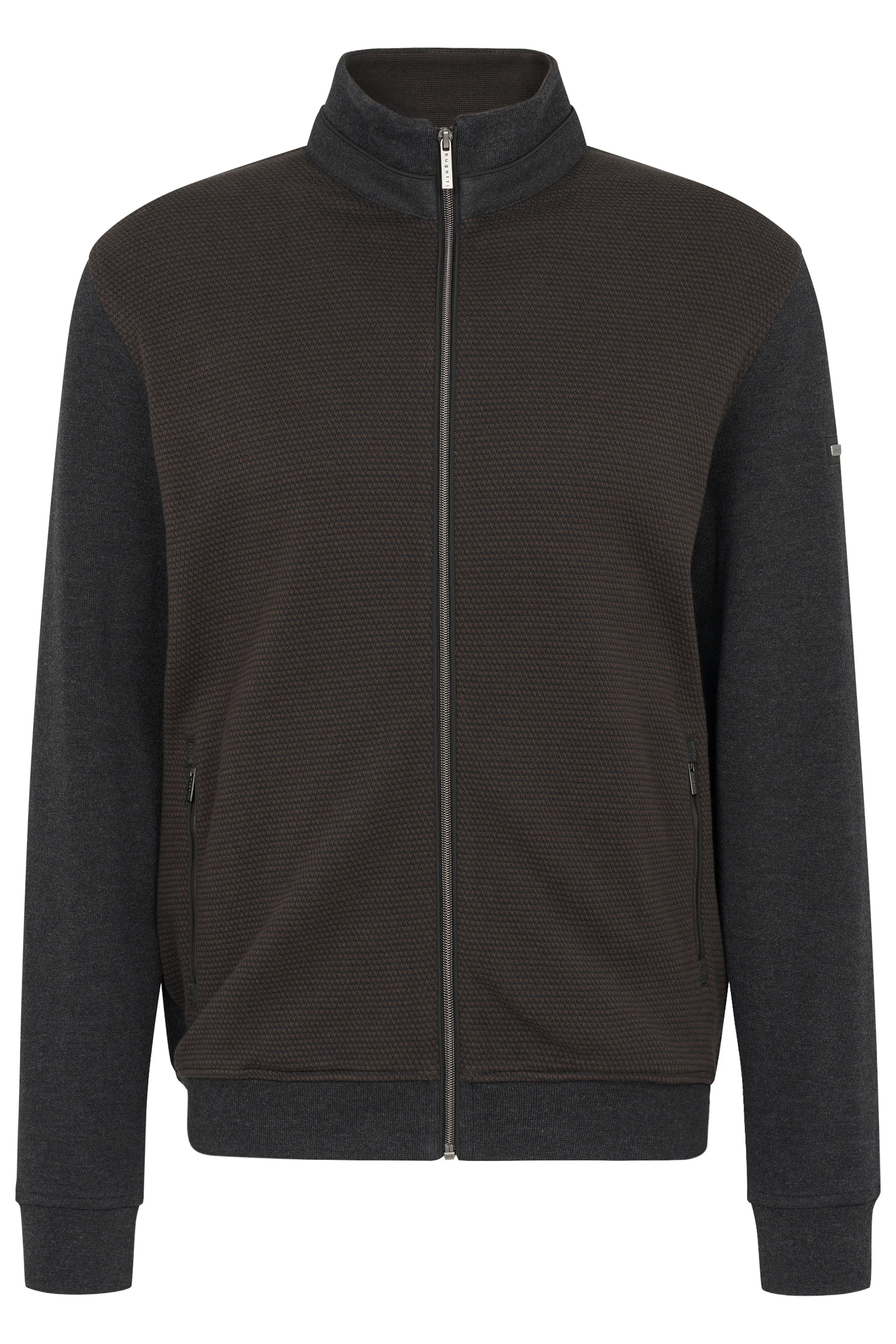 Dunkelgraue bugatti-Jacke mit Reißverschluss, Strukturmuster, Büstenbild.