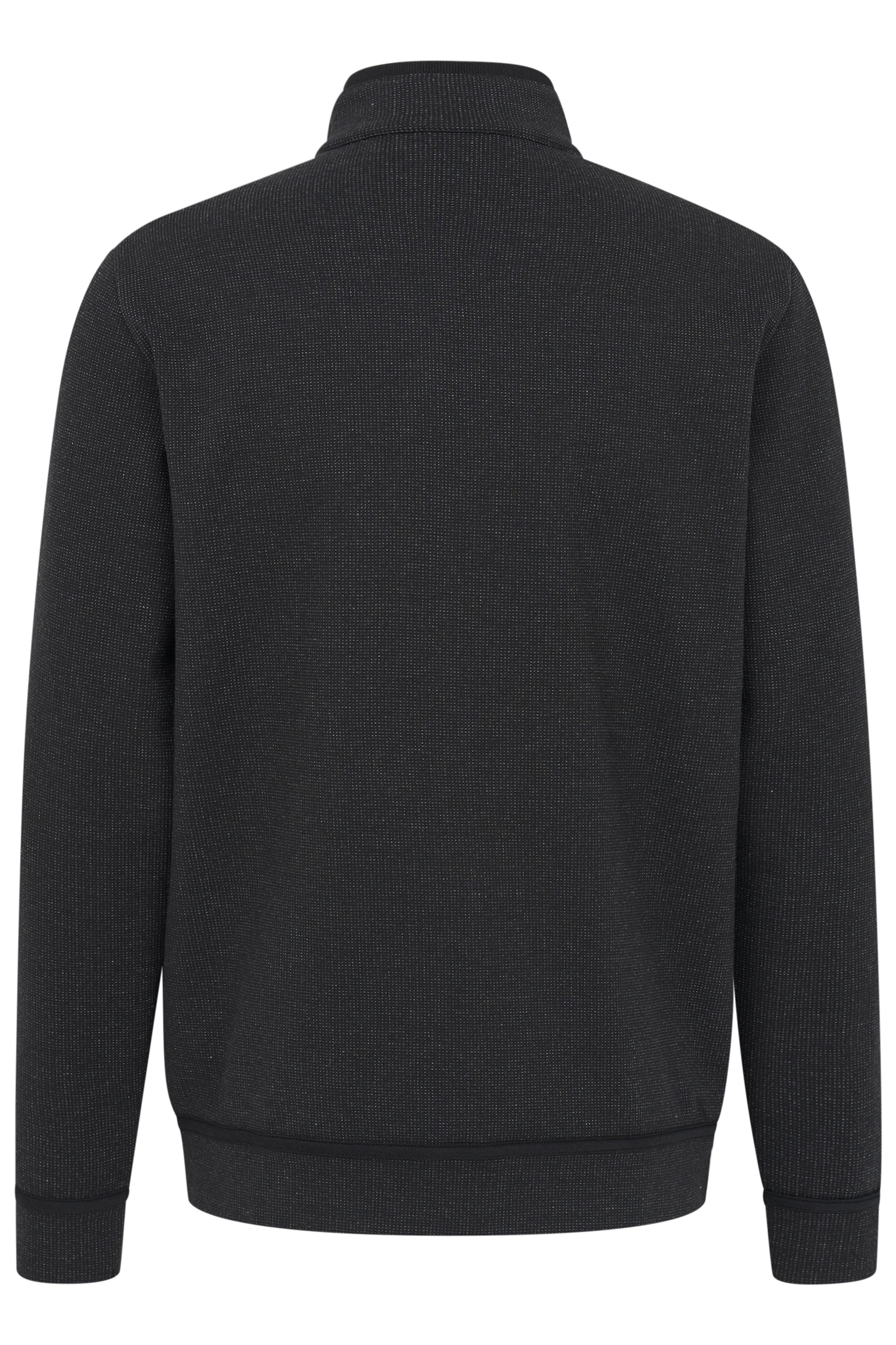Schwarze bugatti Jacke mit Reißverschluss, dezentes Muster, Büstenbildansicht.