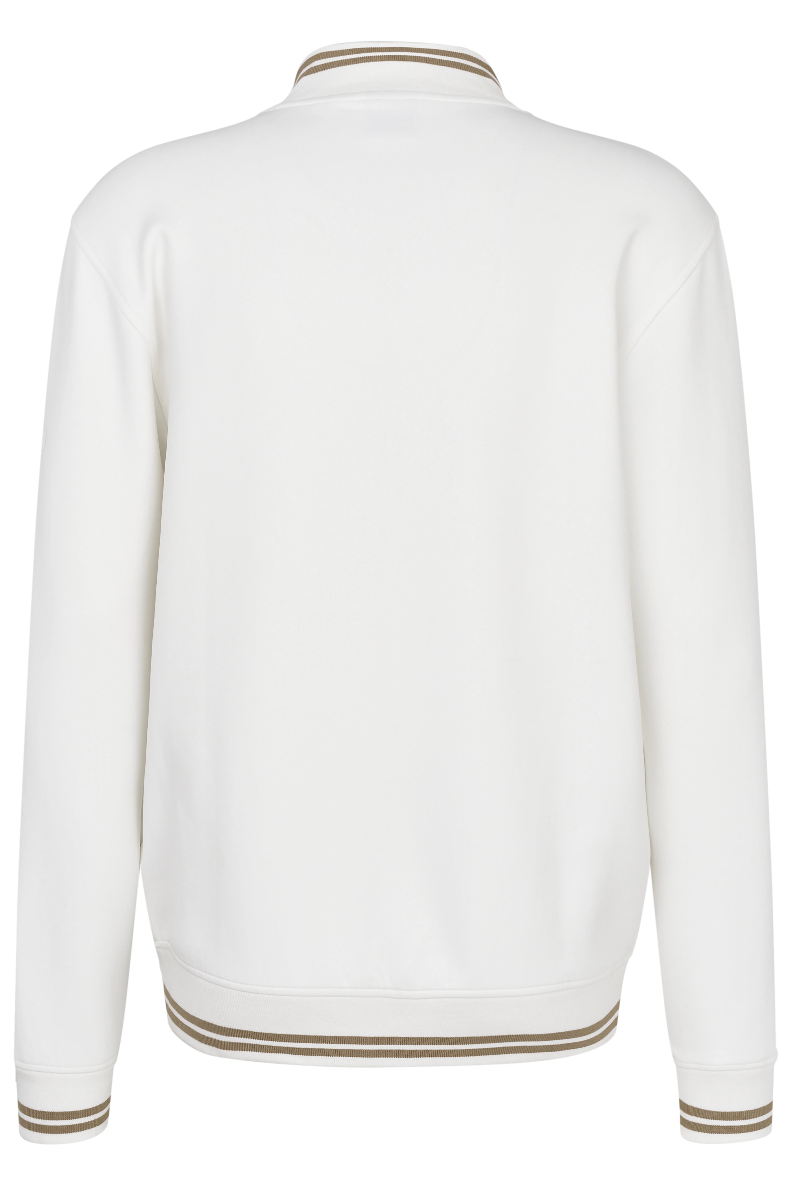 White bugatti jacket with zipper, striped collar and cuffs, bust image.