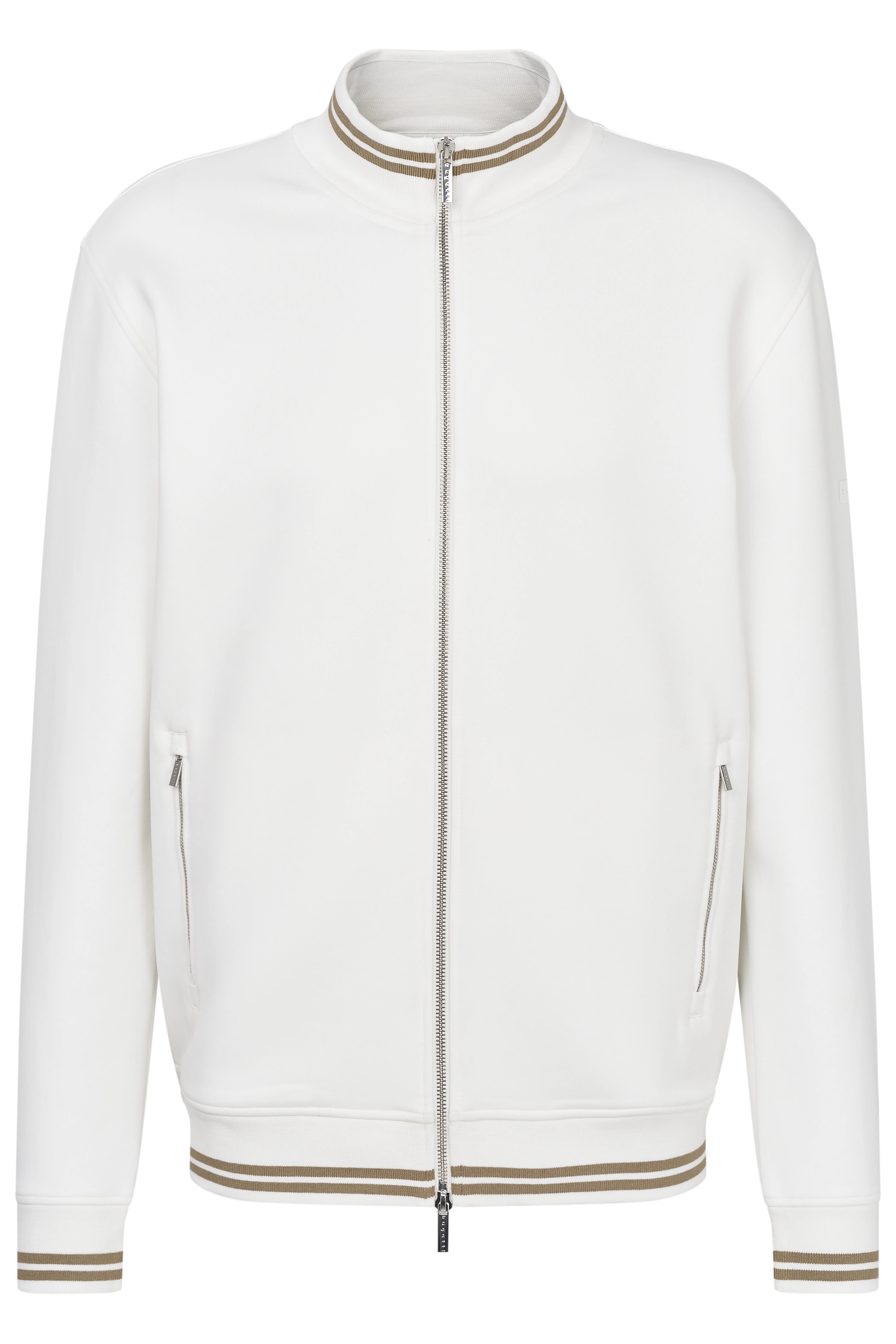 White bugatti blouson, bust view, back, beige pants, relaxed model.