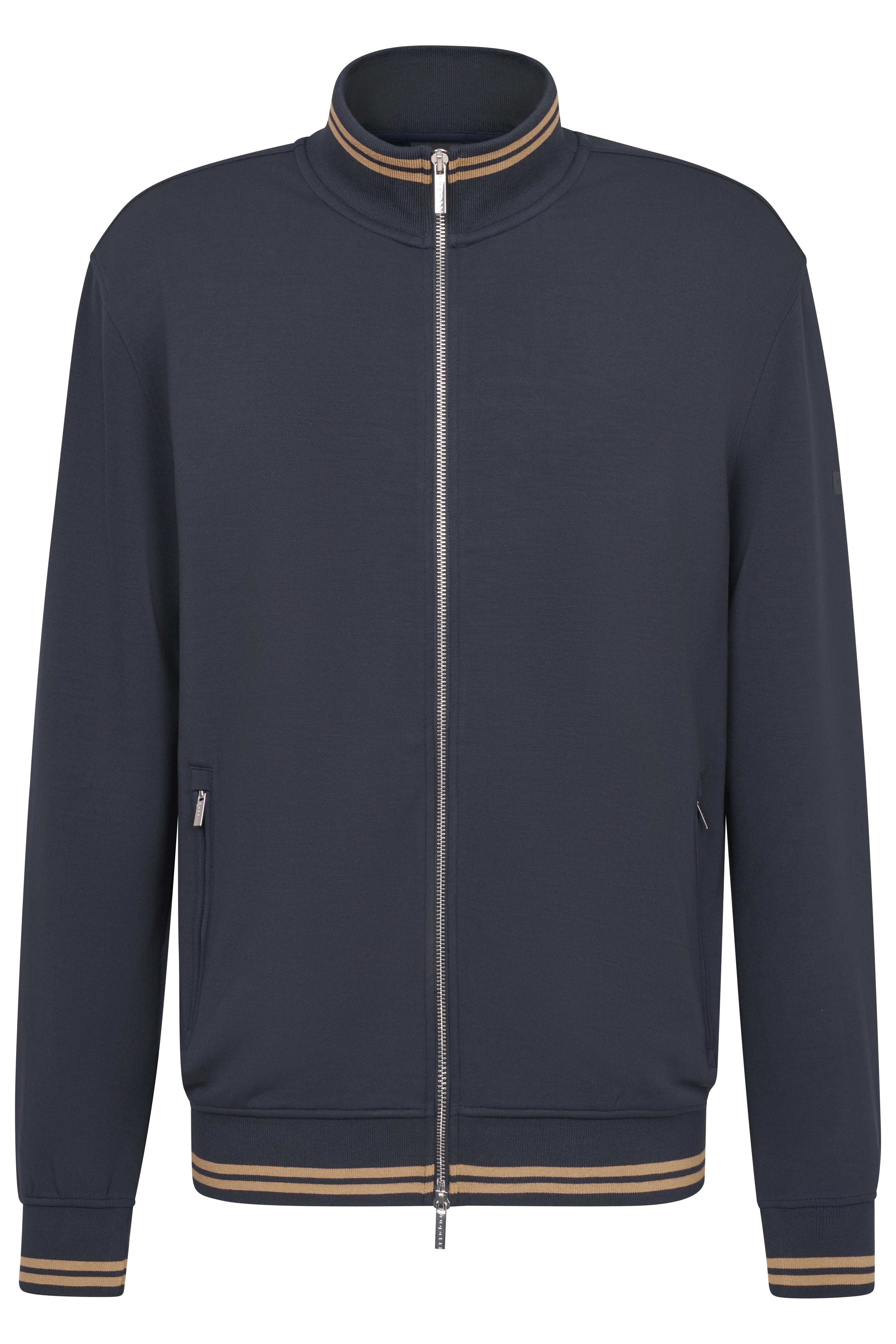 Navy blue bugatti jacket, zippered, bust view, ribbed cuffs and striped collar.