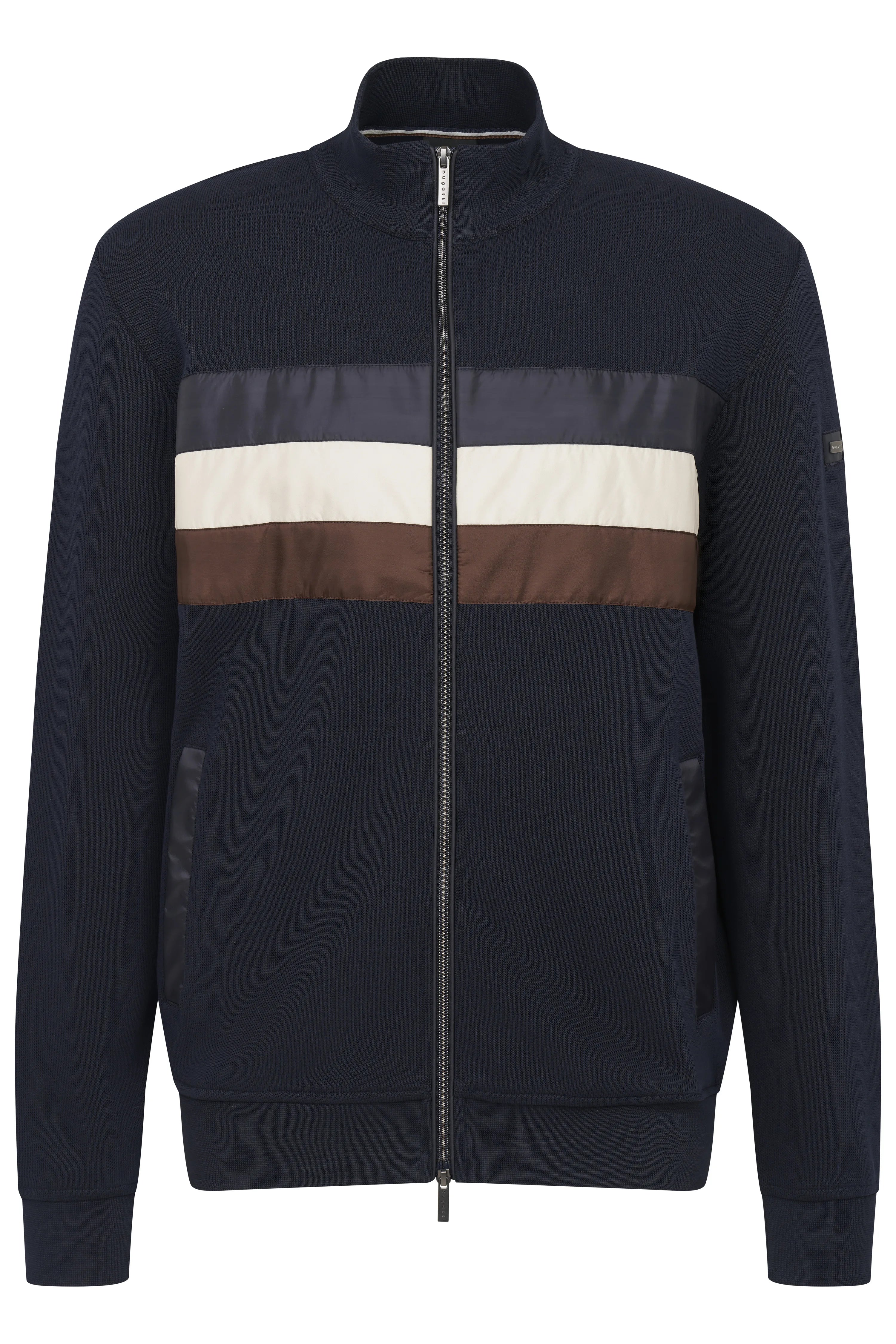 Navy bugatti jacket with brown and white stripes, bust view.