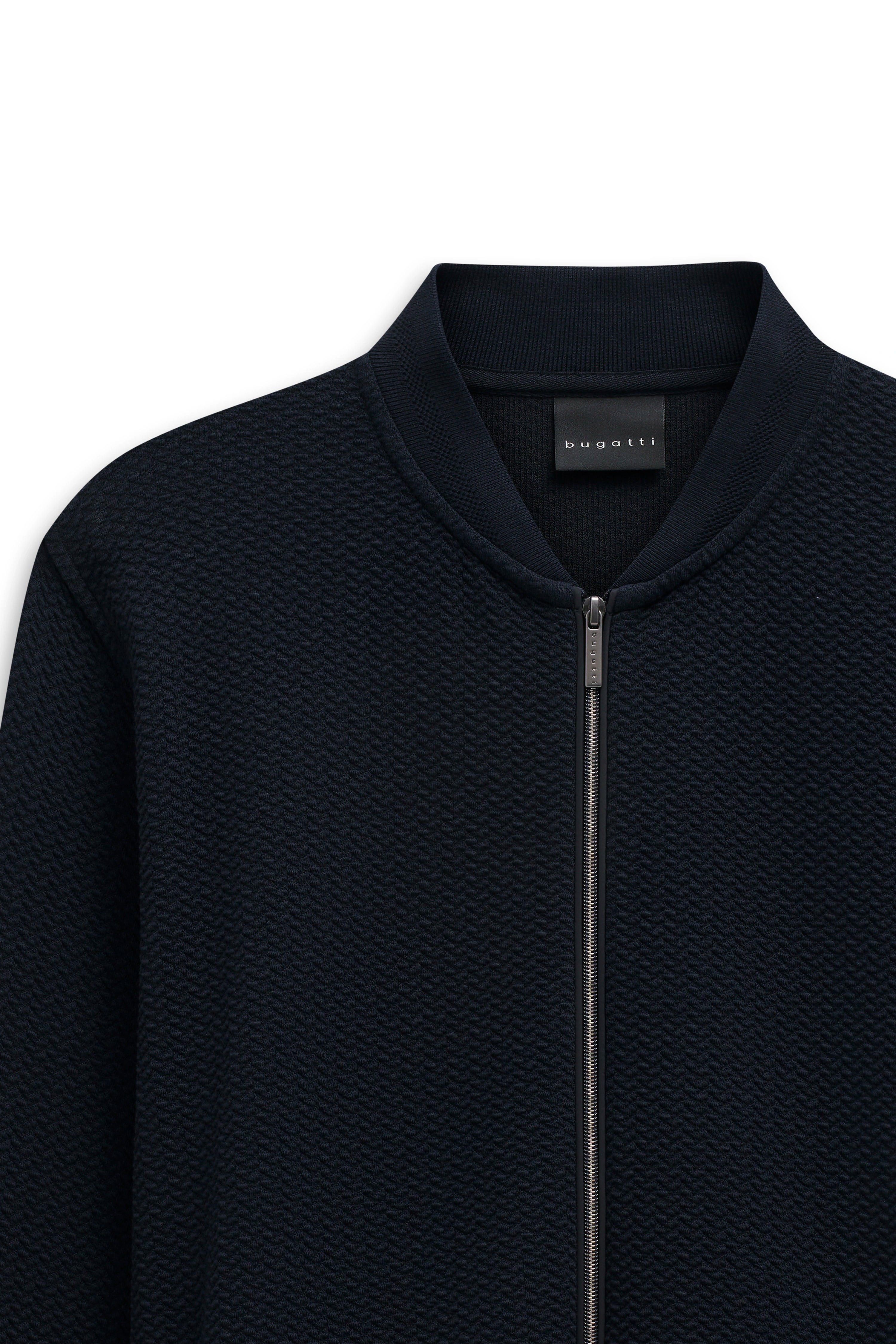 Navy bugatti Bomberjacke mit strukturierter Oberfläche, Büstenbild.