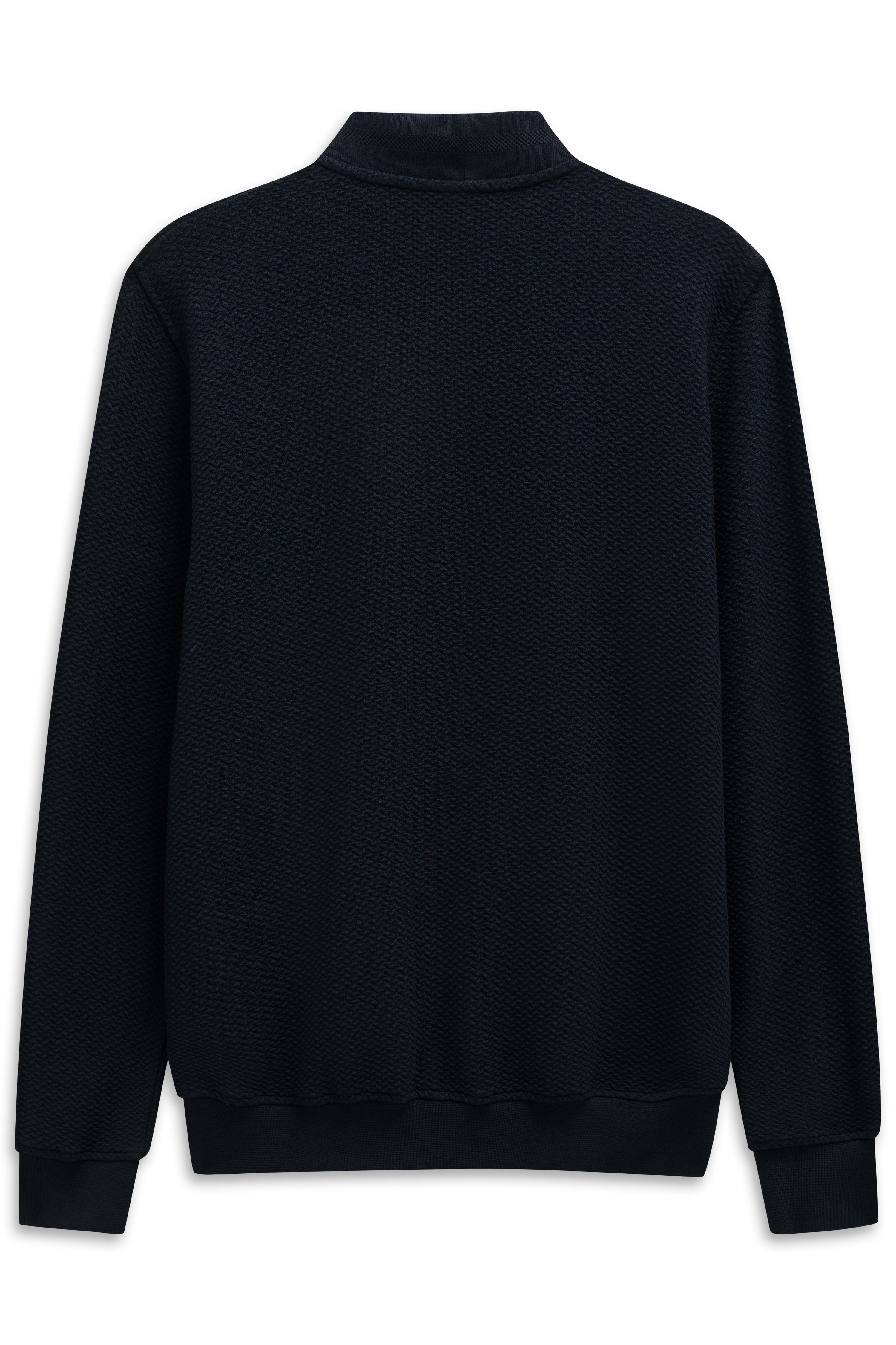 Rückansicht eines dunkelblauen bugatti Pullovers mit feiner Struktur, legeres Büstenbild.