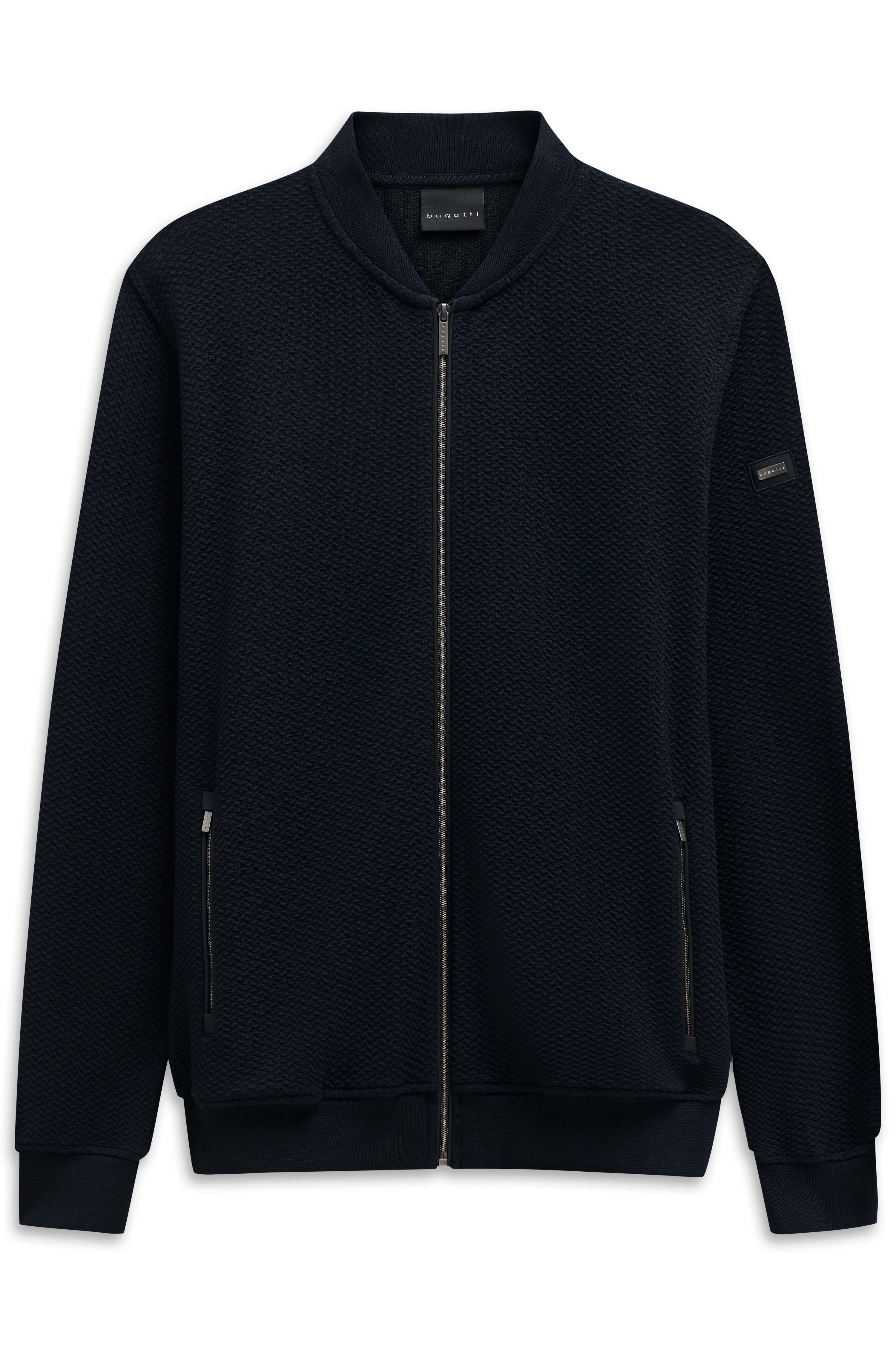 bugatti schwarze Jacke, strukturiertes Design, Büstenbild, zeitloser Stil, hochwertige Verarbeitung.