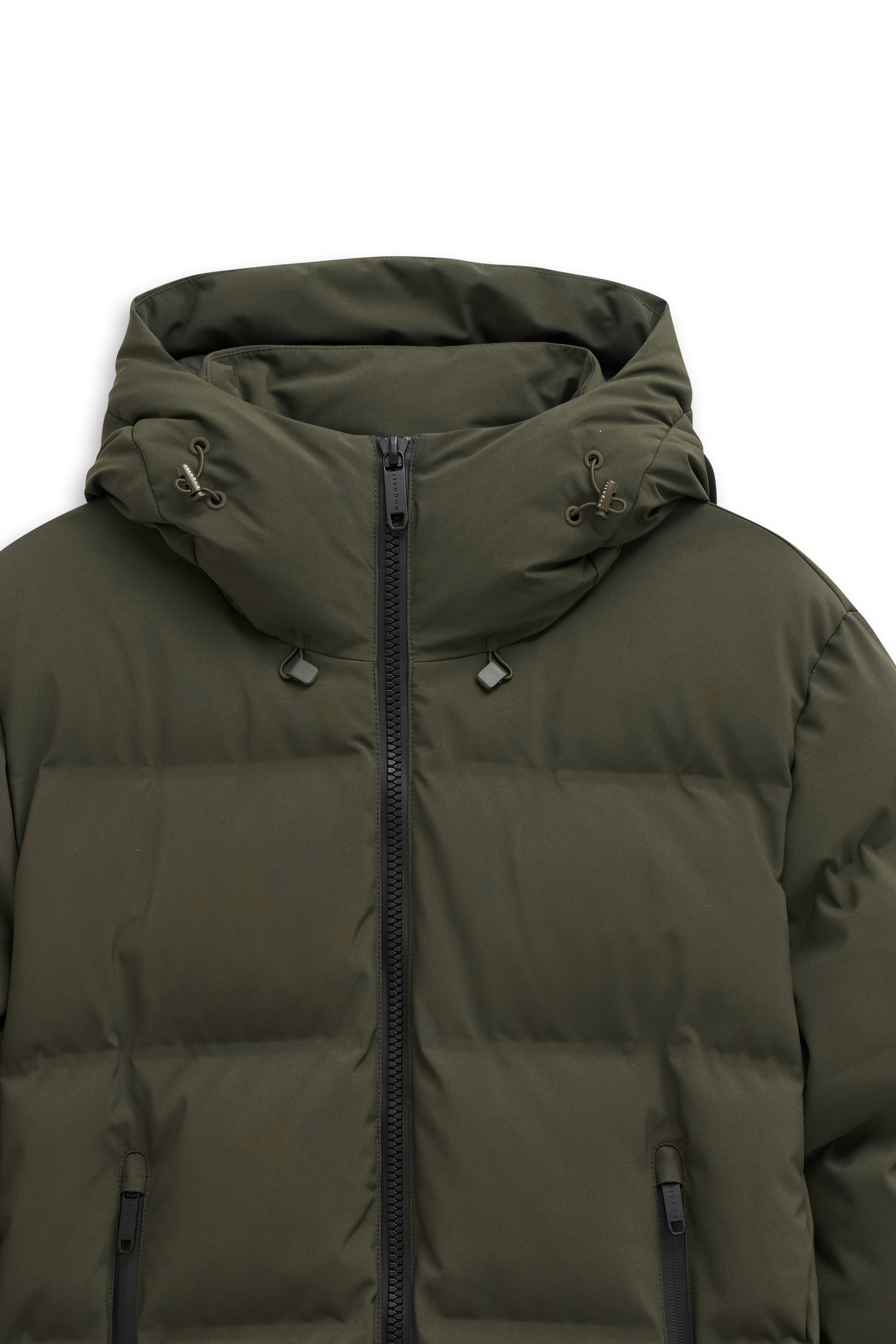 Grüne bugatti Daunenjacke, detailreich, mit Kapuze und Reißverschluss, Büstenbild.