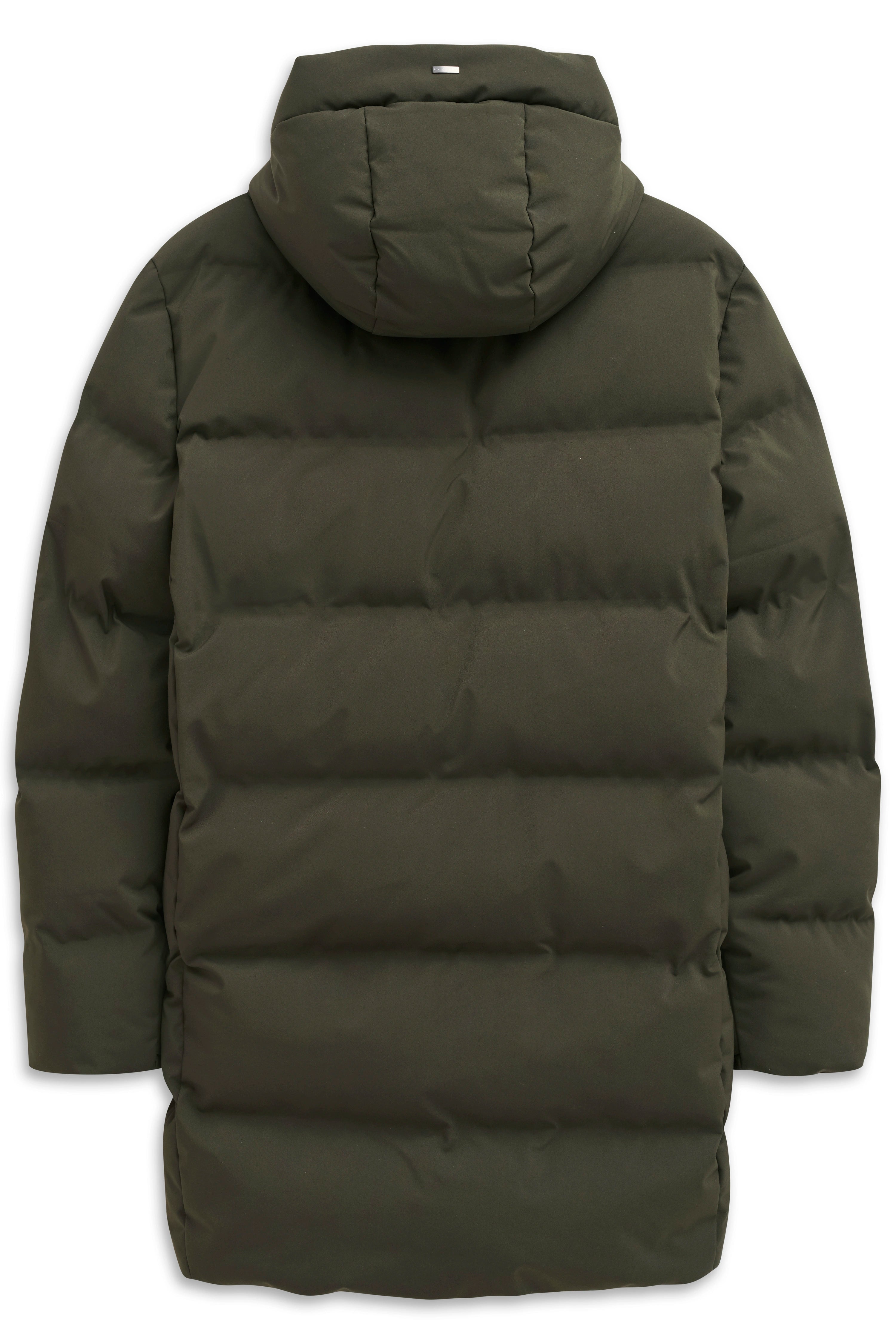 Grüne bugatti Daunenjacke, Rückansicht, legeres Büstenbild.