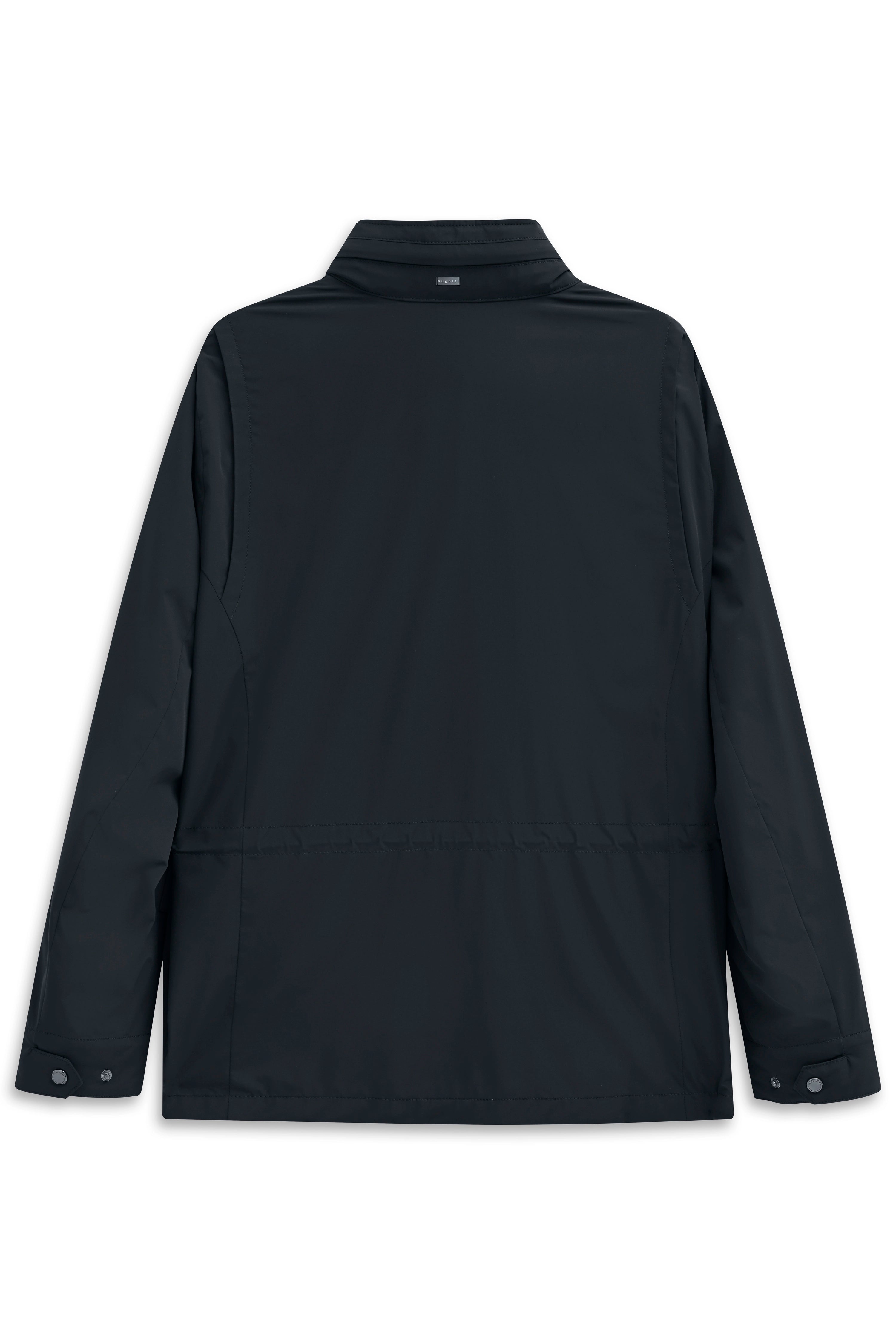 Schwarze bugatti Jacke, Rückansicht, legeres Design, hochwertige Materialien.