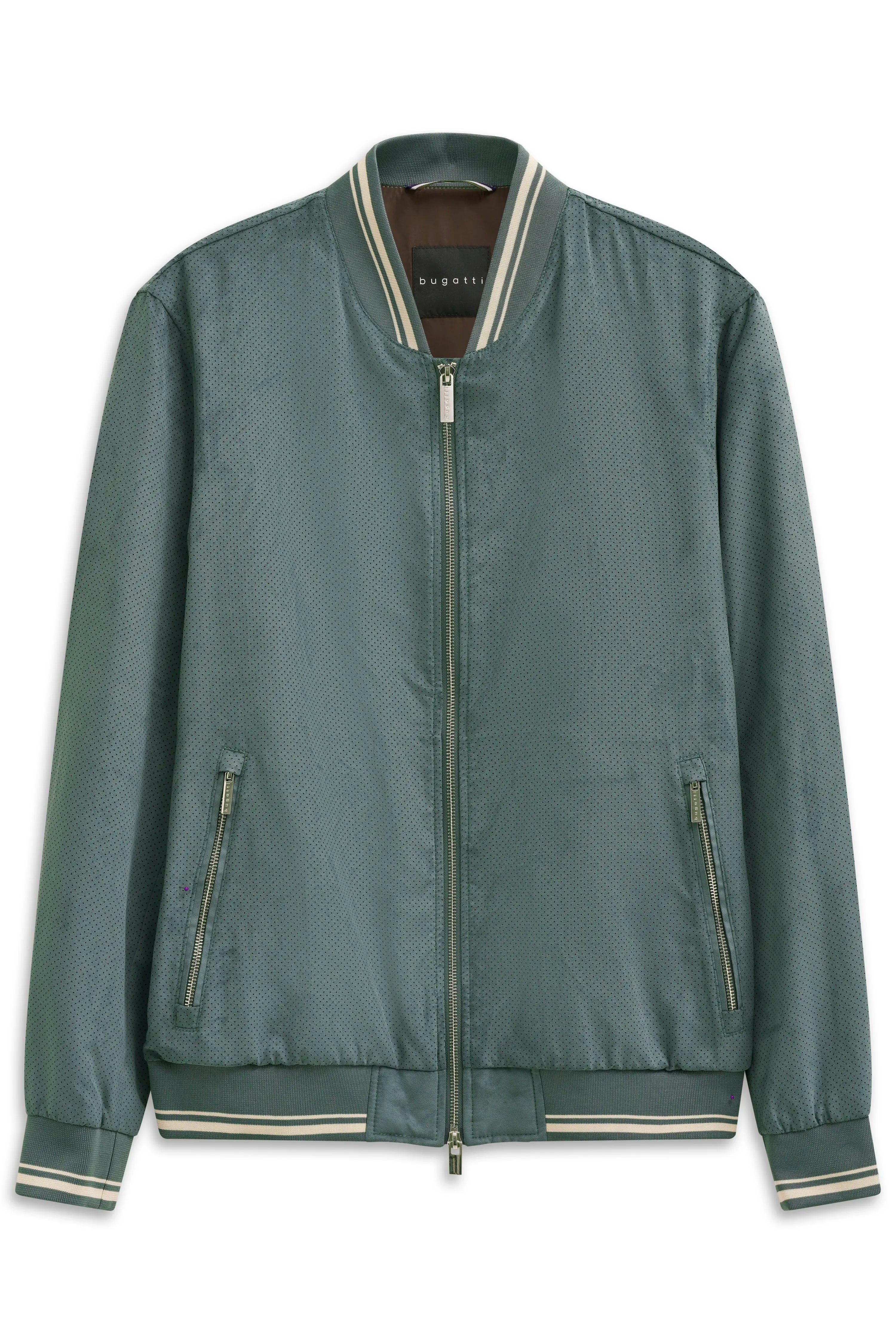 Grüne bugatti Bomberjacke mit Reißverschluss, Büstenbild, Streifen an Kragen und Bündchen.