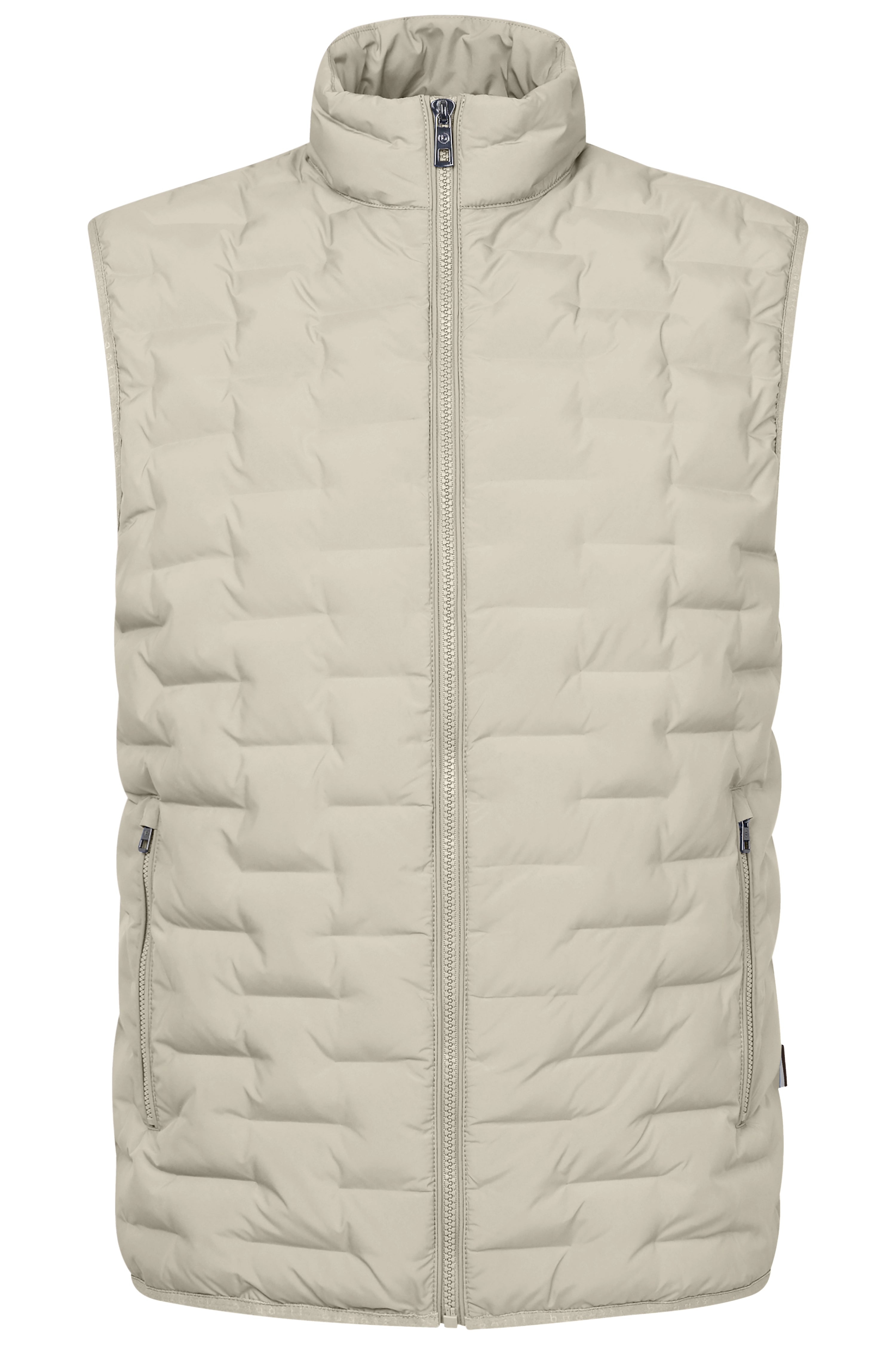 Ärmellose Steppweste in Beige, Büstenbild, Reißverschluss und Stehkragen, bugatti Stil.