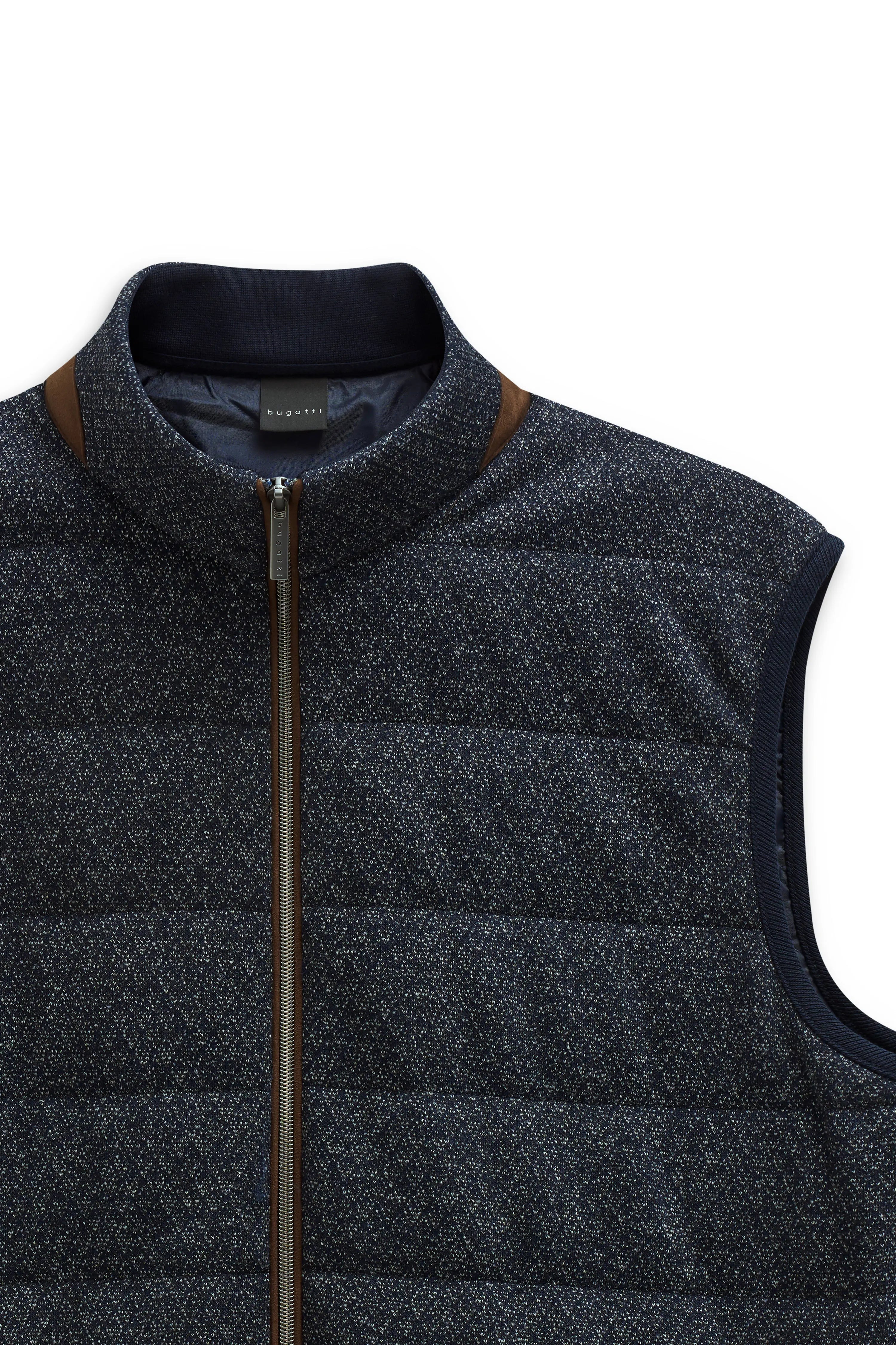 Bust image of a dark blue bugatti vest with fine pattern and zipper.