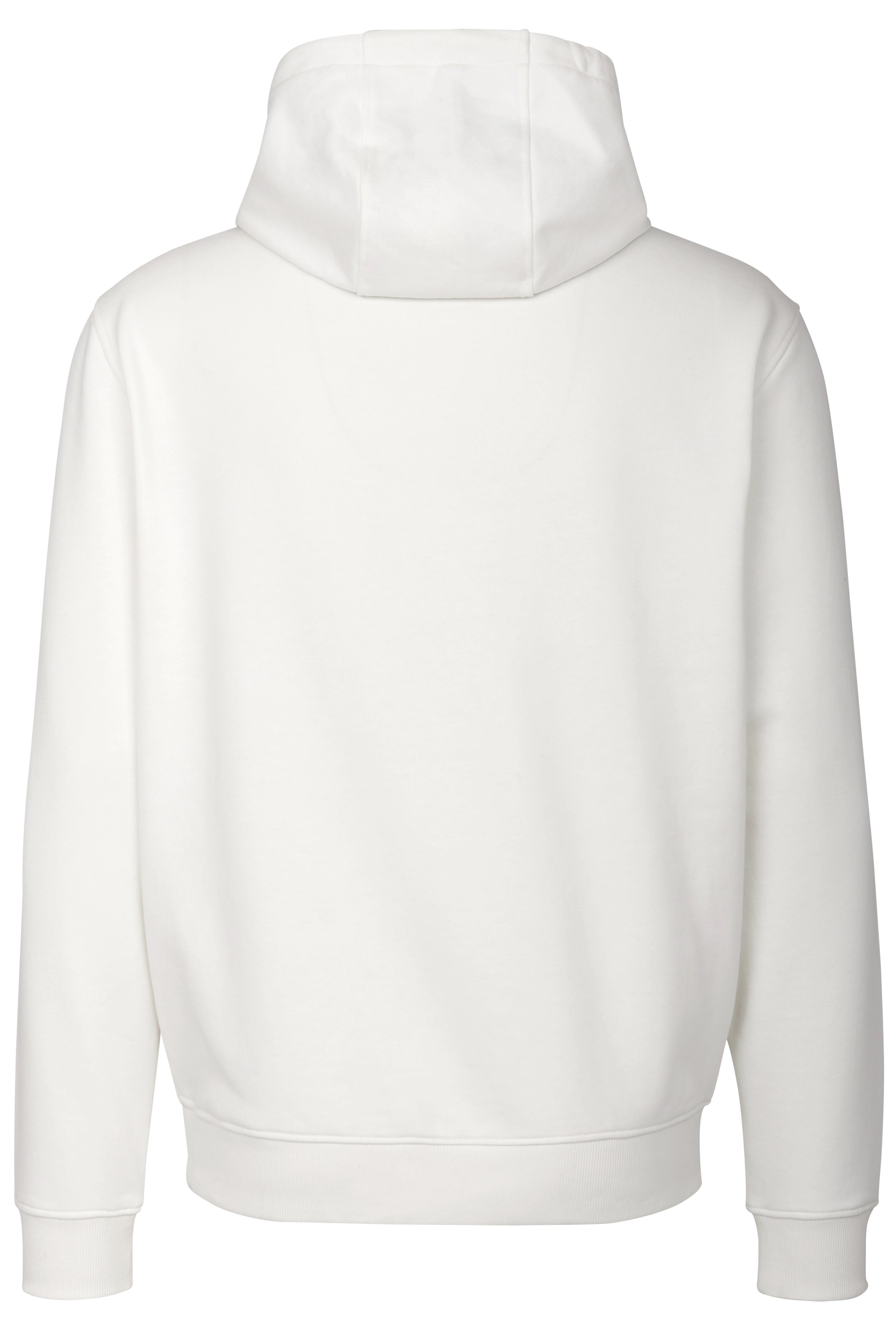 Weißer bugatti Hoodie, Rückansicht, leger, minimalistisches Design, hochwertige Verarbeitung.