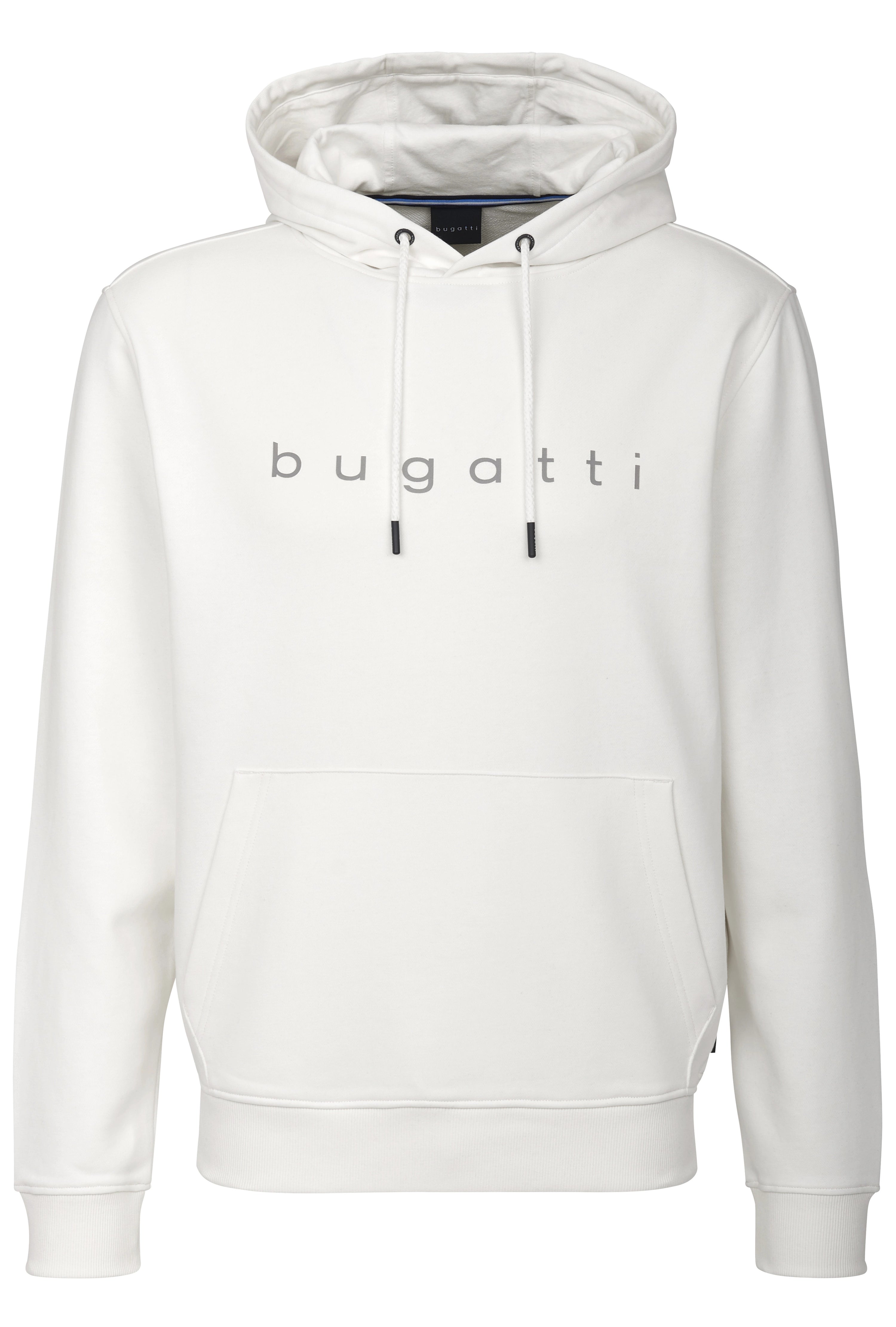 Weiße bugatti Kapuzen-Sweatshirt, Büstenbild, minimalistisches Design mit dezentem Logo.