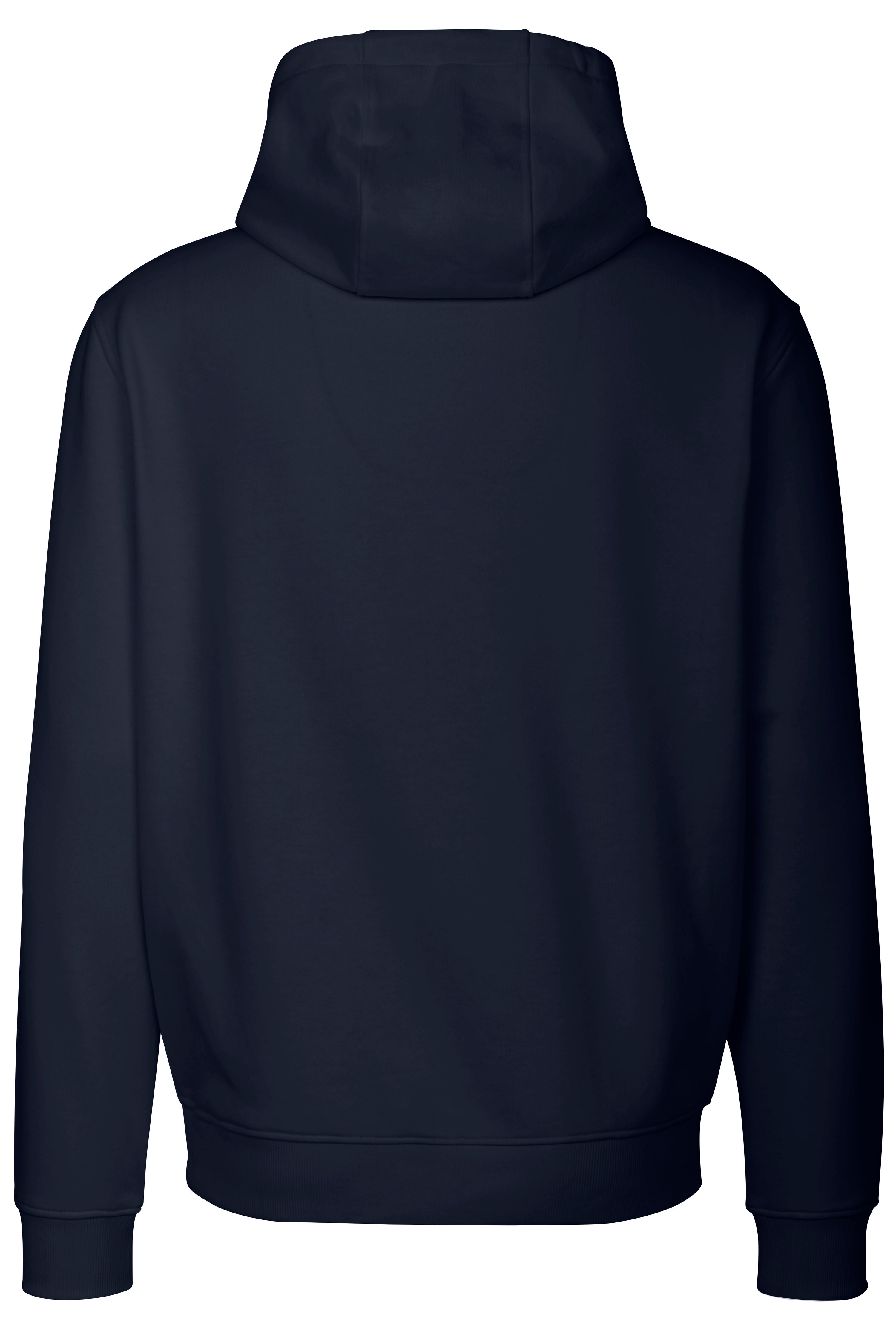 Dunkelblauer bugatti Hoodie, Rückansicht, legeres Kleidungsstück ohne Muster oder Design.