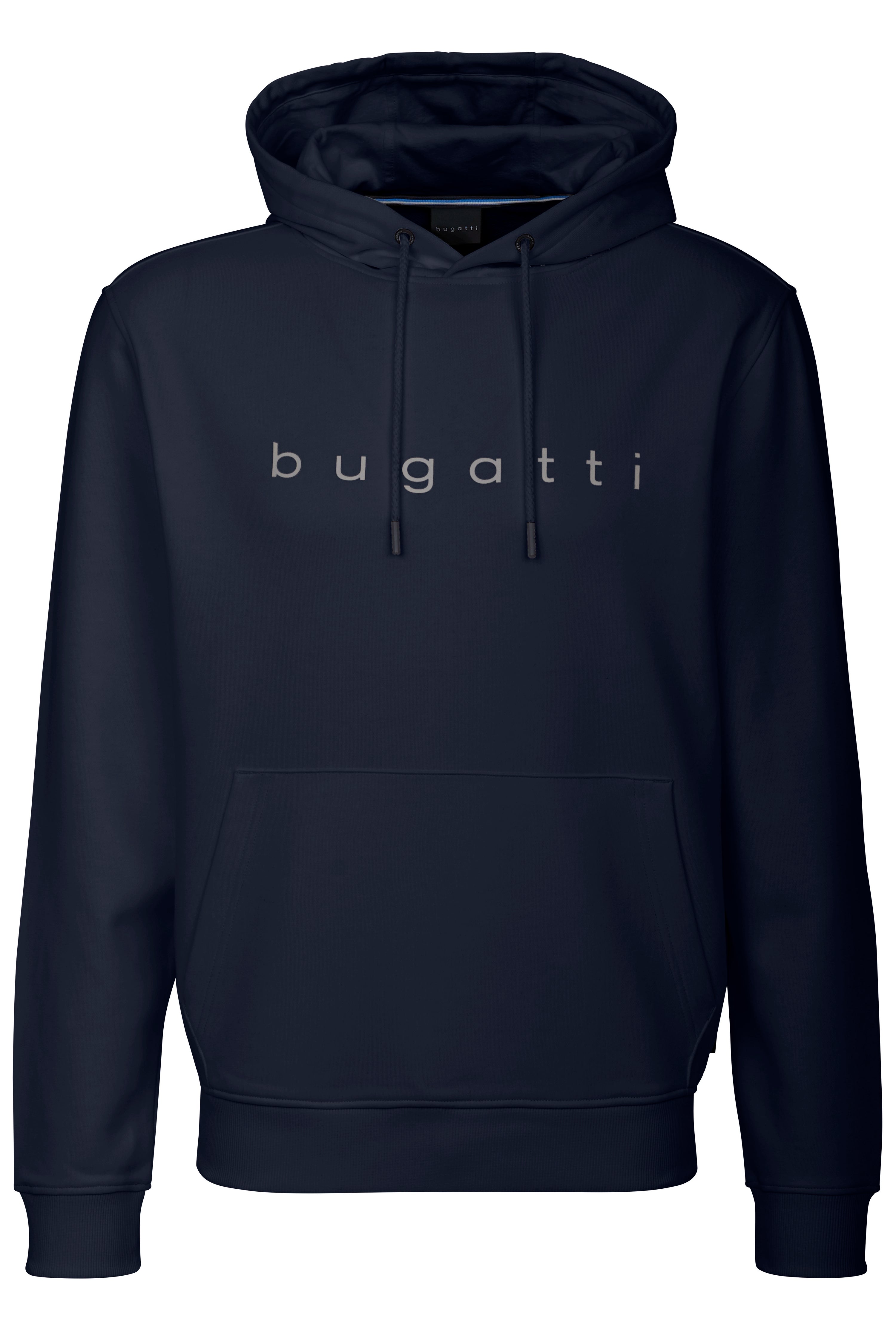 Navy Hoodie mit bugatti-Logo, legeres Büstenbild.