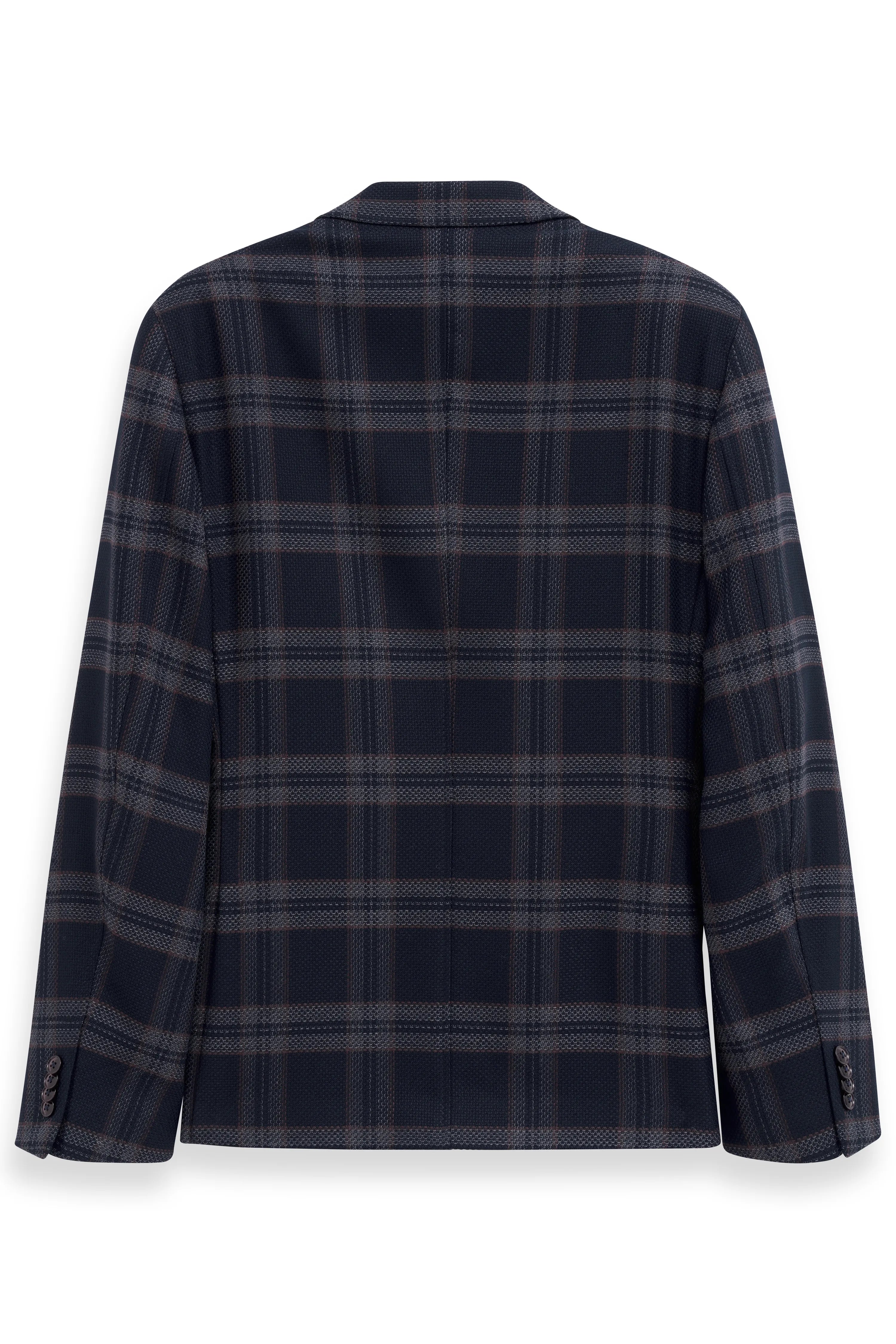 bugatti checkered blazer in blue and gray, back view, casual bust image.