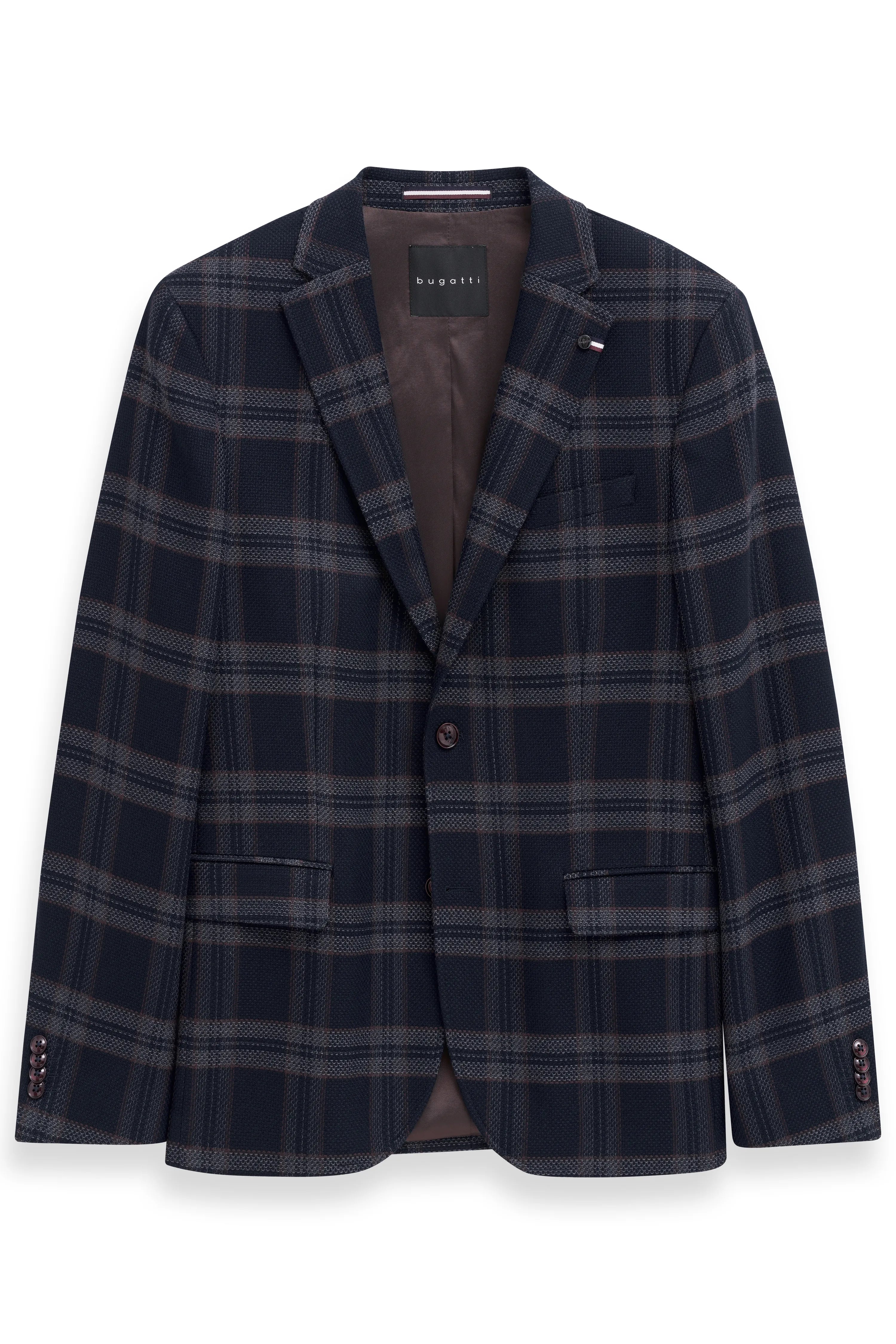 Blue bugatti blazer with check pattern, bust view.