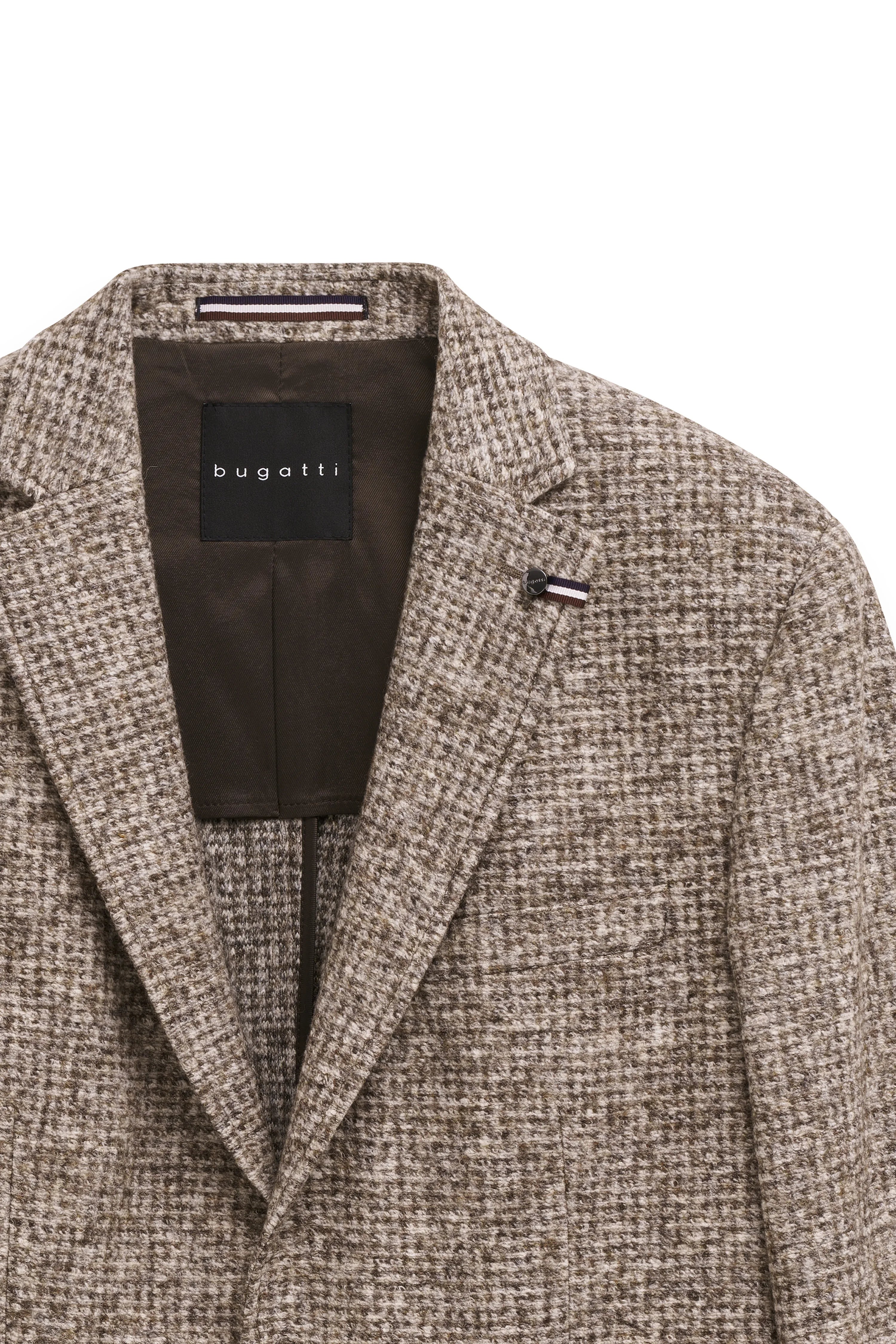 bugatti Sakko, beige-grau kariert, Nahaufnahme, hochwertige Verarbeitung, eleganter Stil.