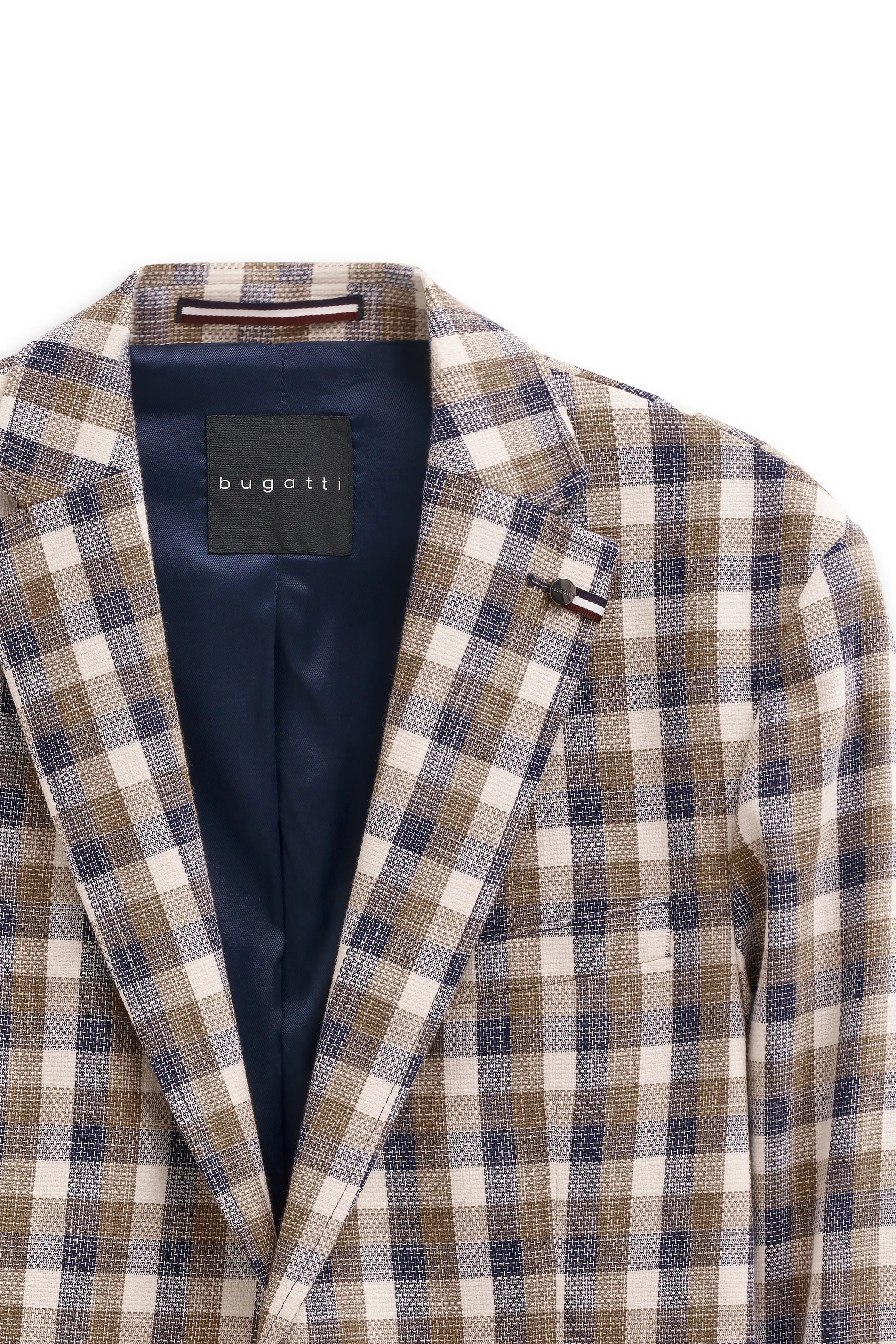 Plaid bugatti blazer in brown and blue, bust view, collar detail.