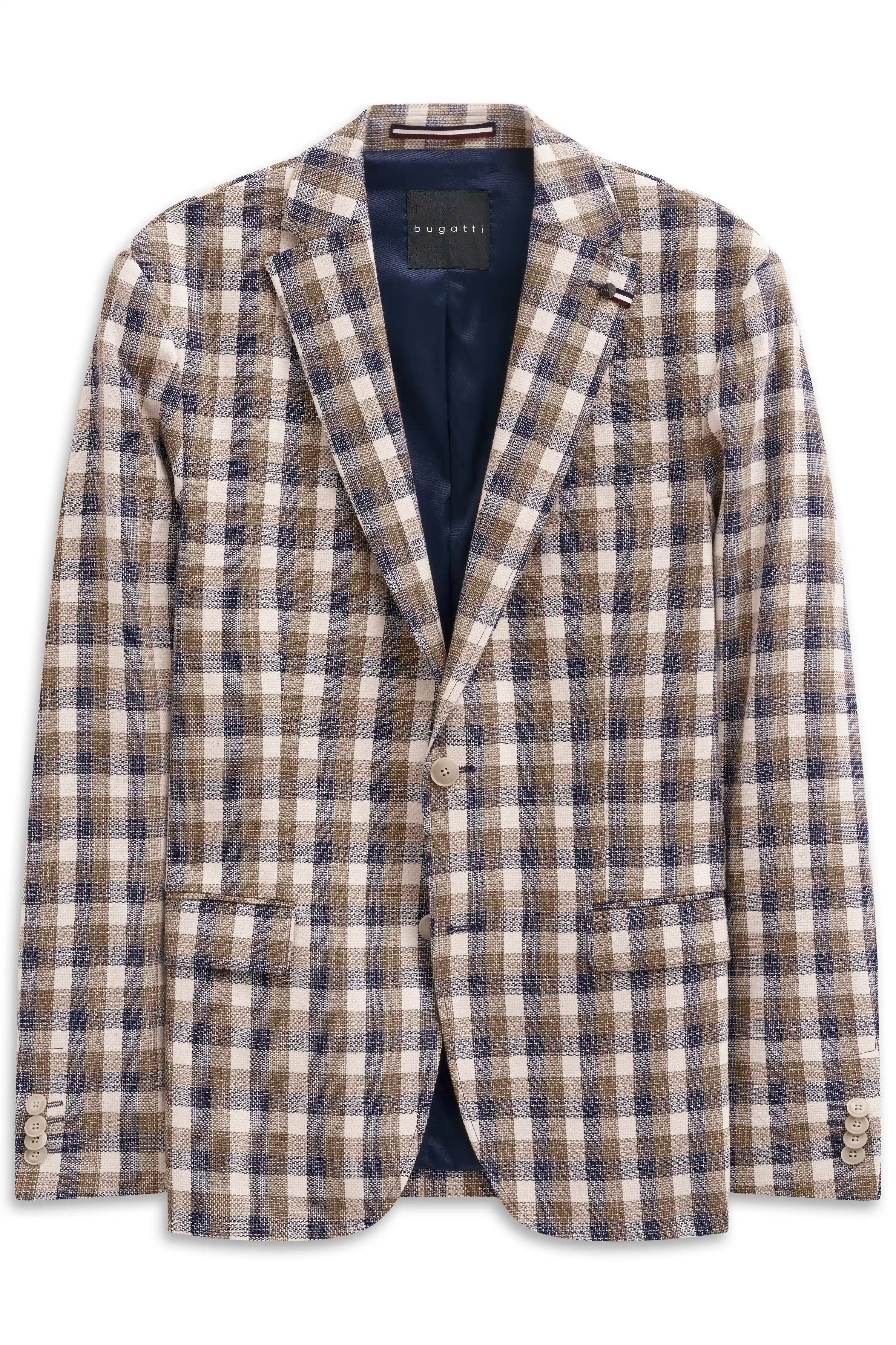 Karierter bugatti Sakko in Beige und Blau, Büstenbild, eleganter Stil.