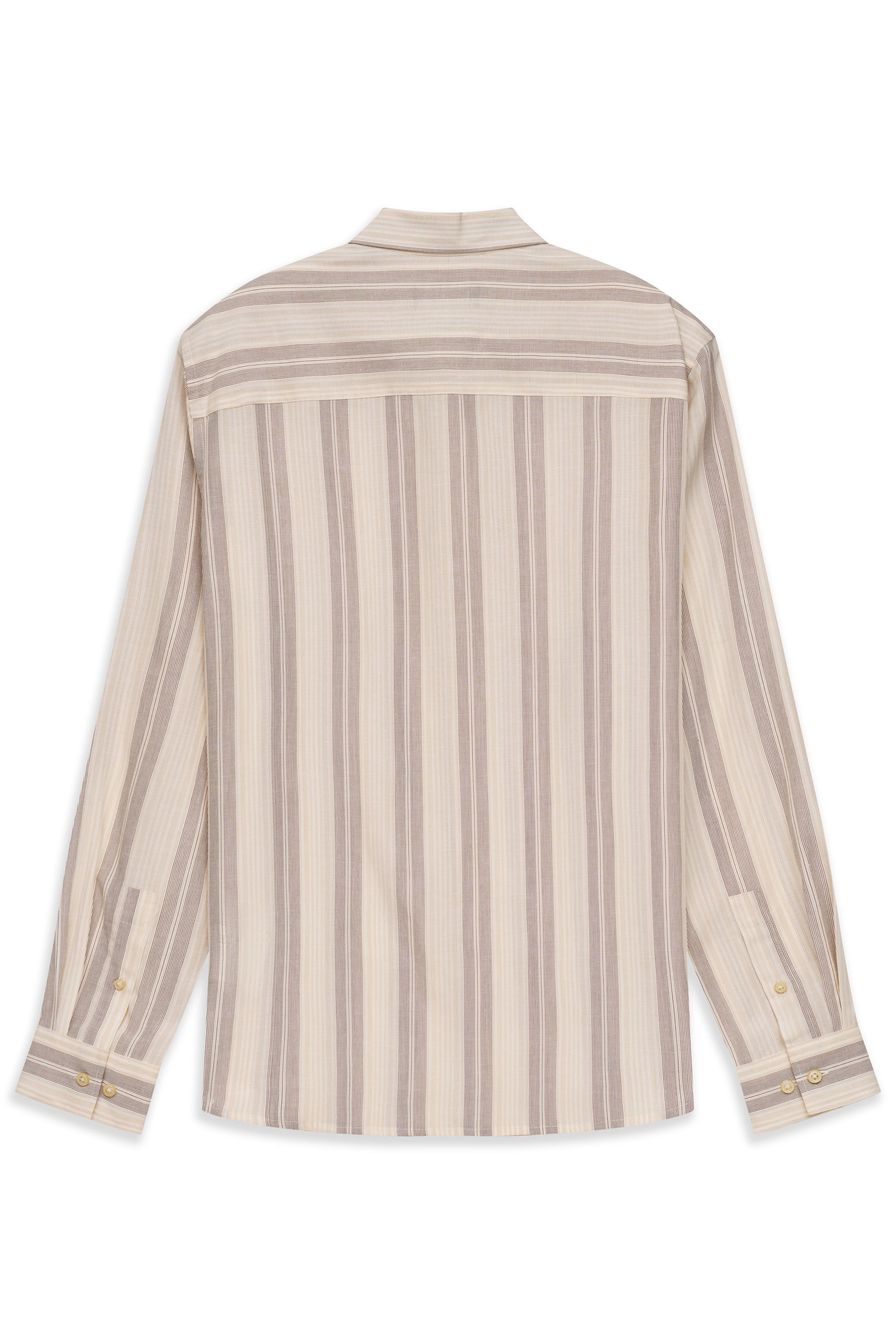 Beige-gestreiftes Langarmhemd, Rückansicht, legeres Büstenbild.