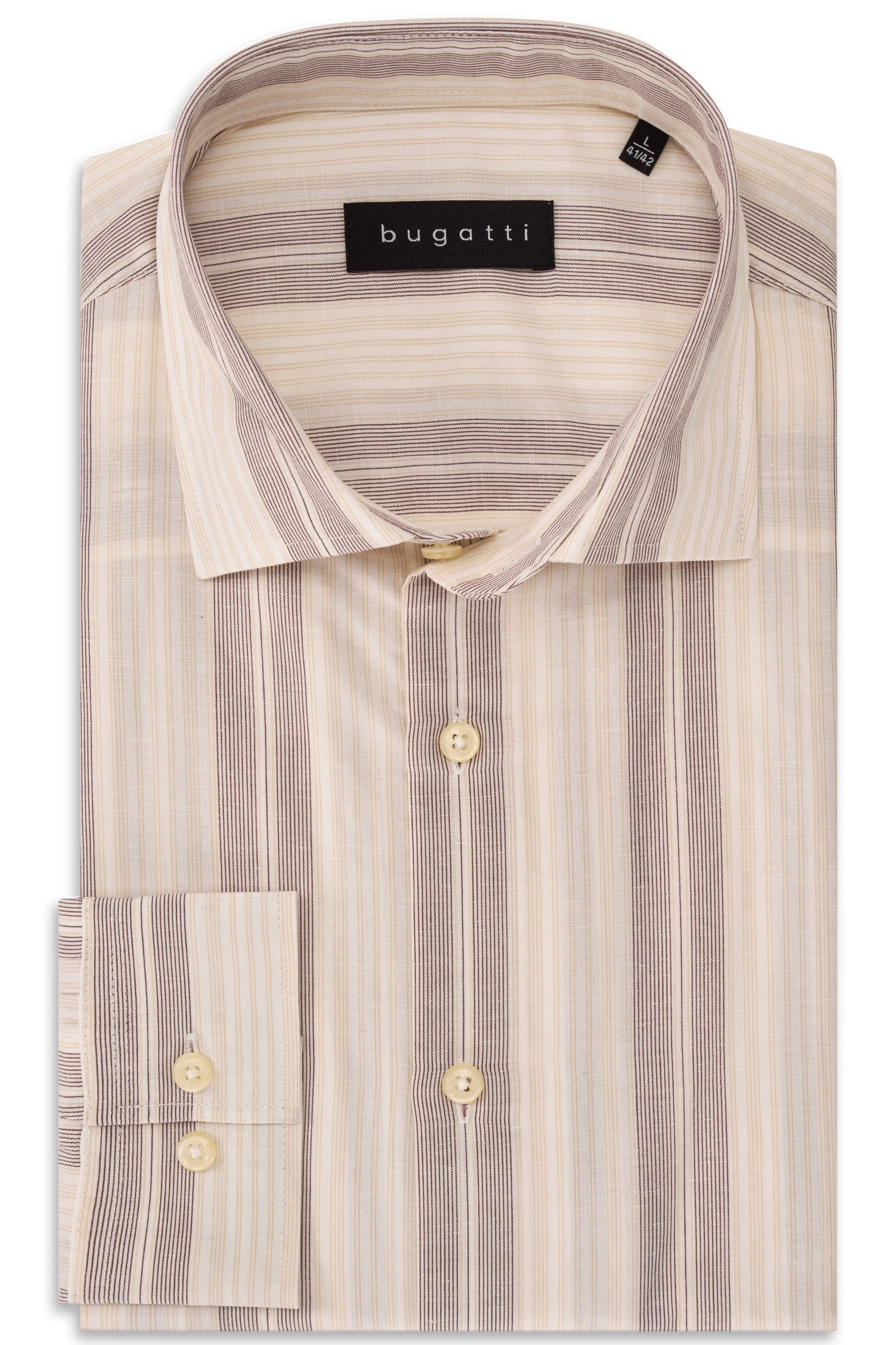 Beige-gestreiftes bugatti Hemd aus hochwertigem Material, Detailaufnahme, edler und zeitloser Stil.