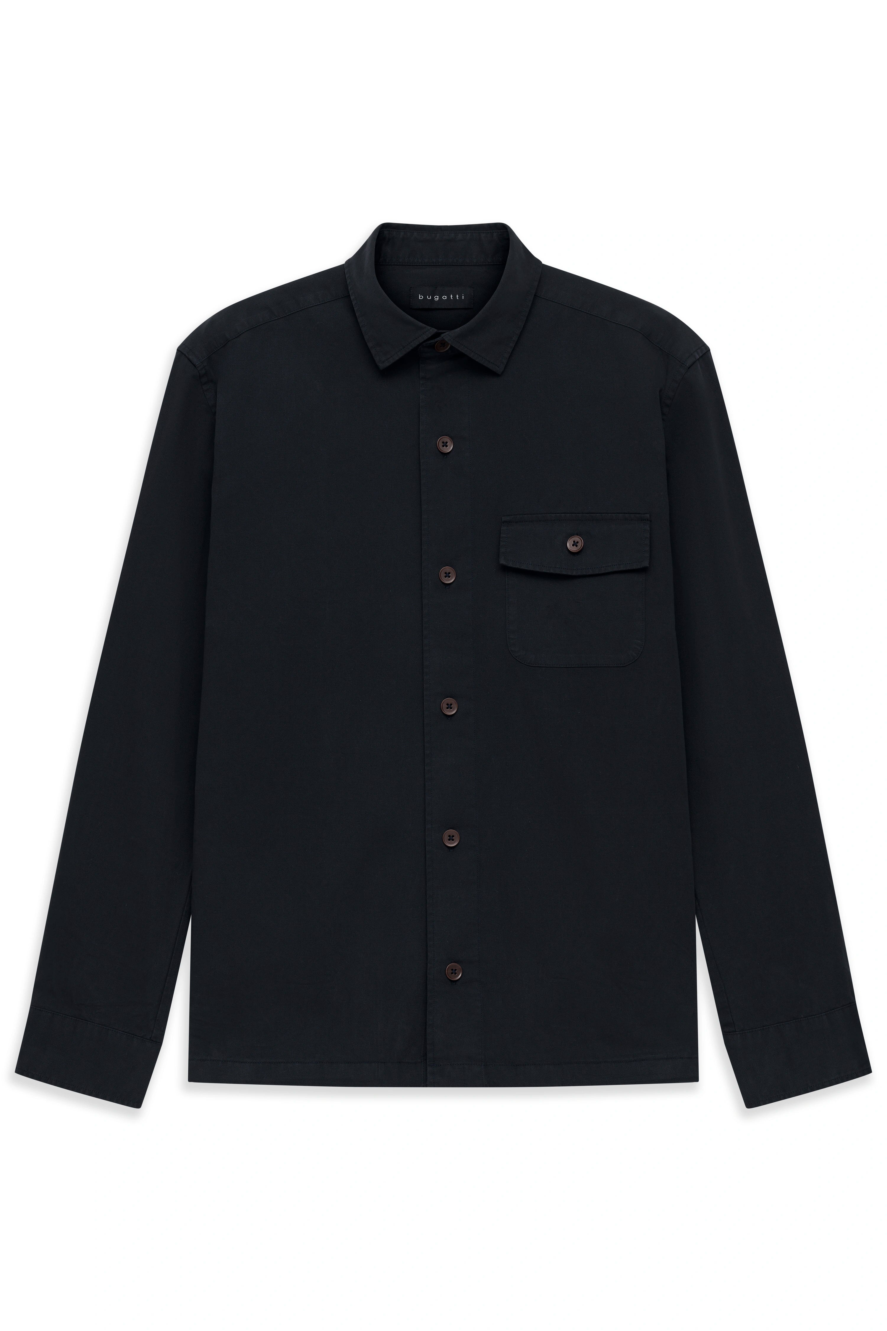 Schwarzes bugatti Hemd, legeres Büstenbild, schlichtes Design, hochwertige Knopfleiste.