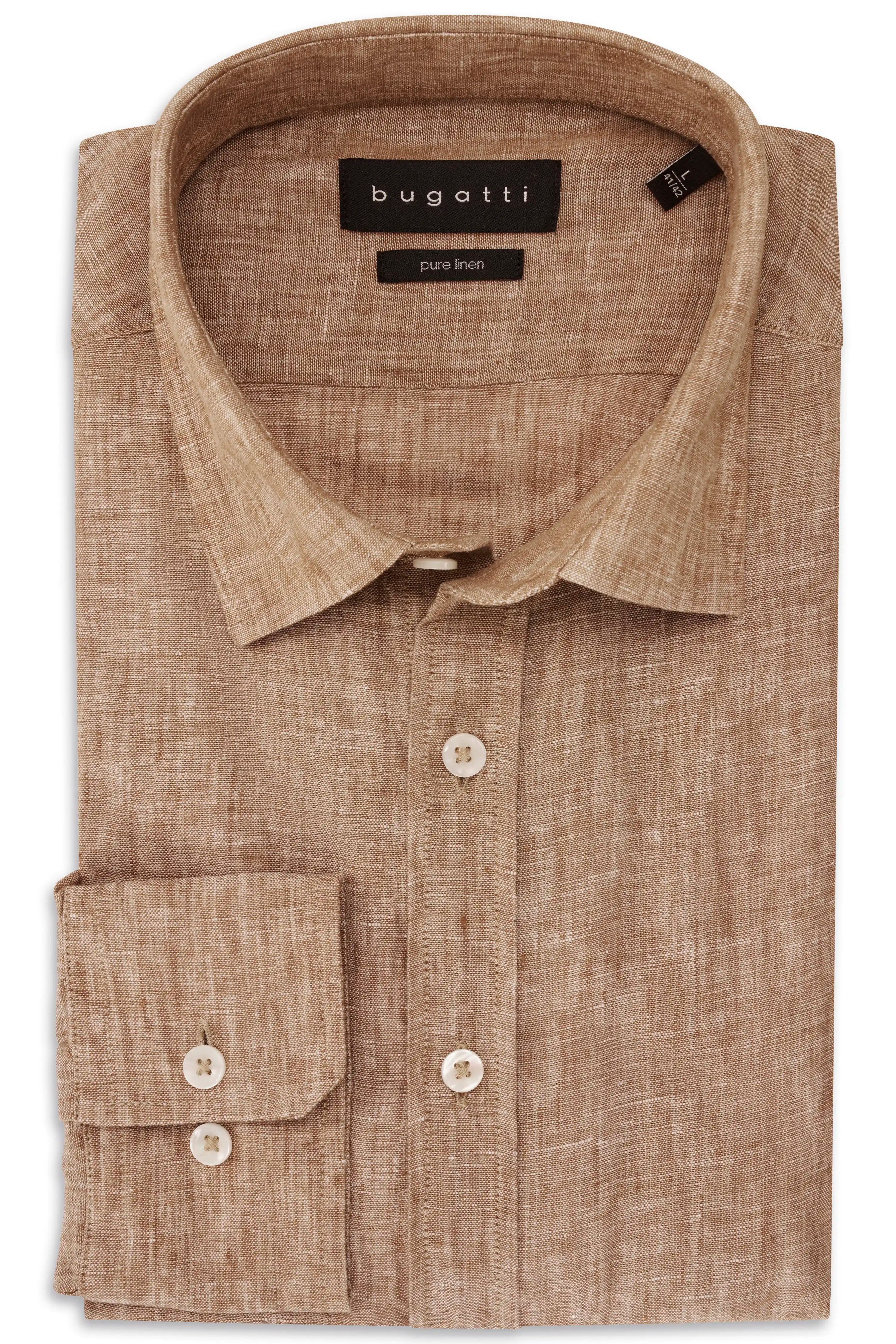 Bugatti Leinenhemd in Beige, klassisches Design, Bügelbild.