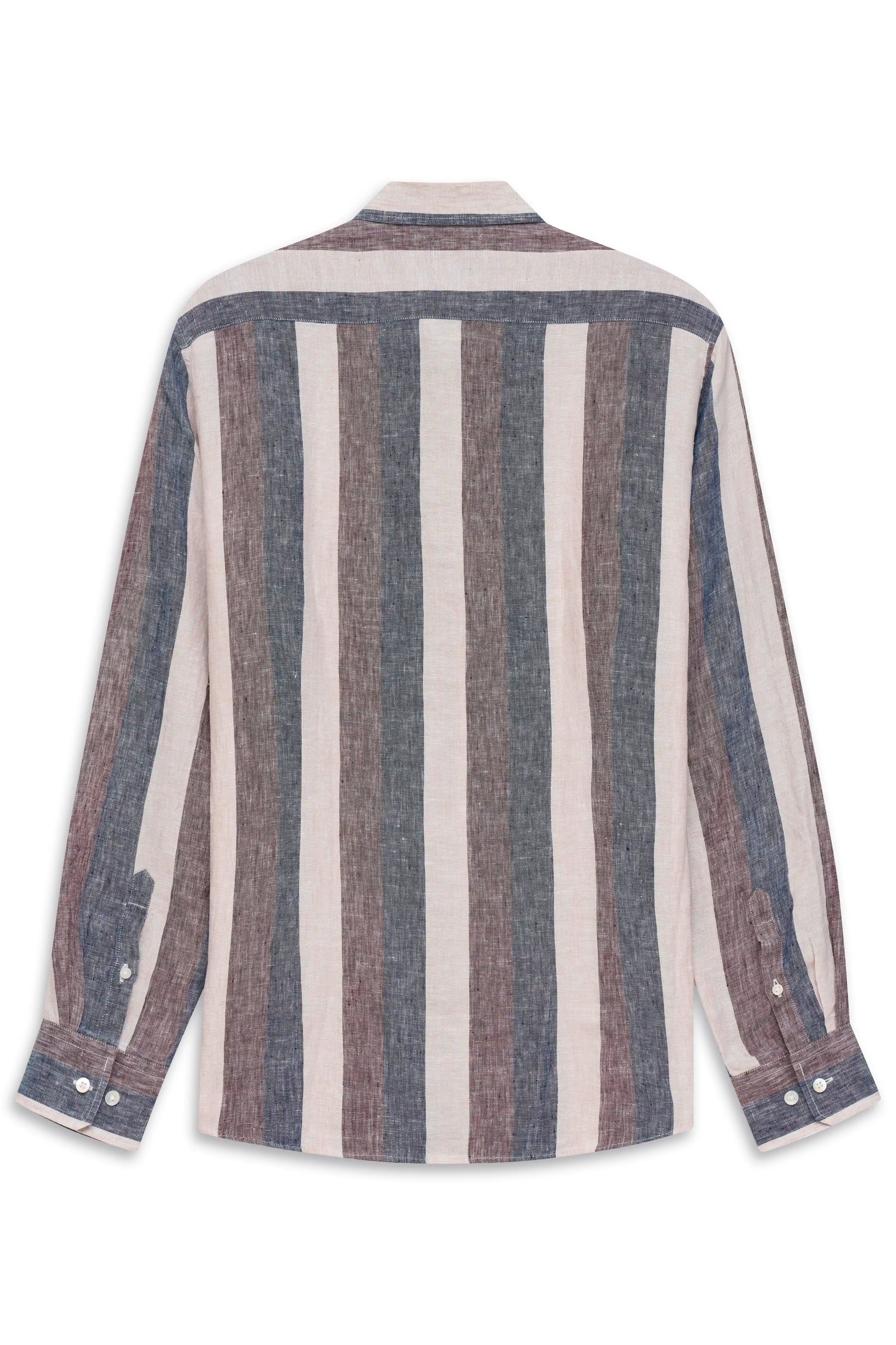 bugatti Herrenhemd aus Leinen, Beige-Blau gestreift, Bügelbild, zeitlos elegant.