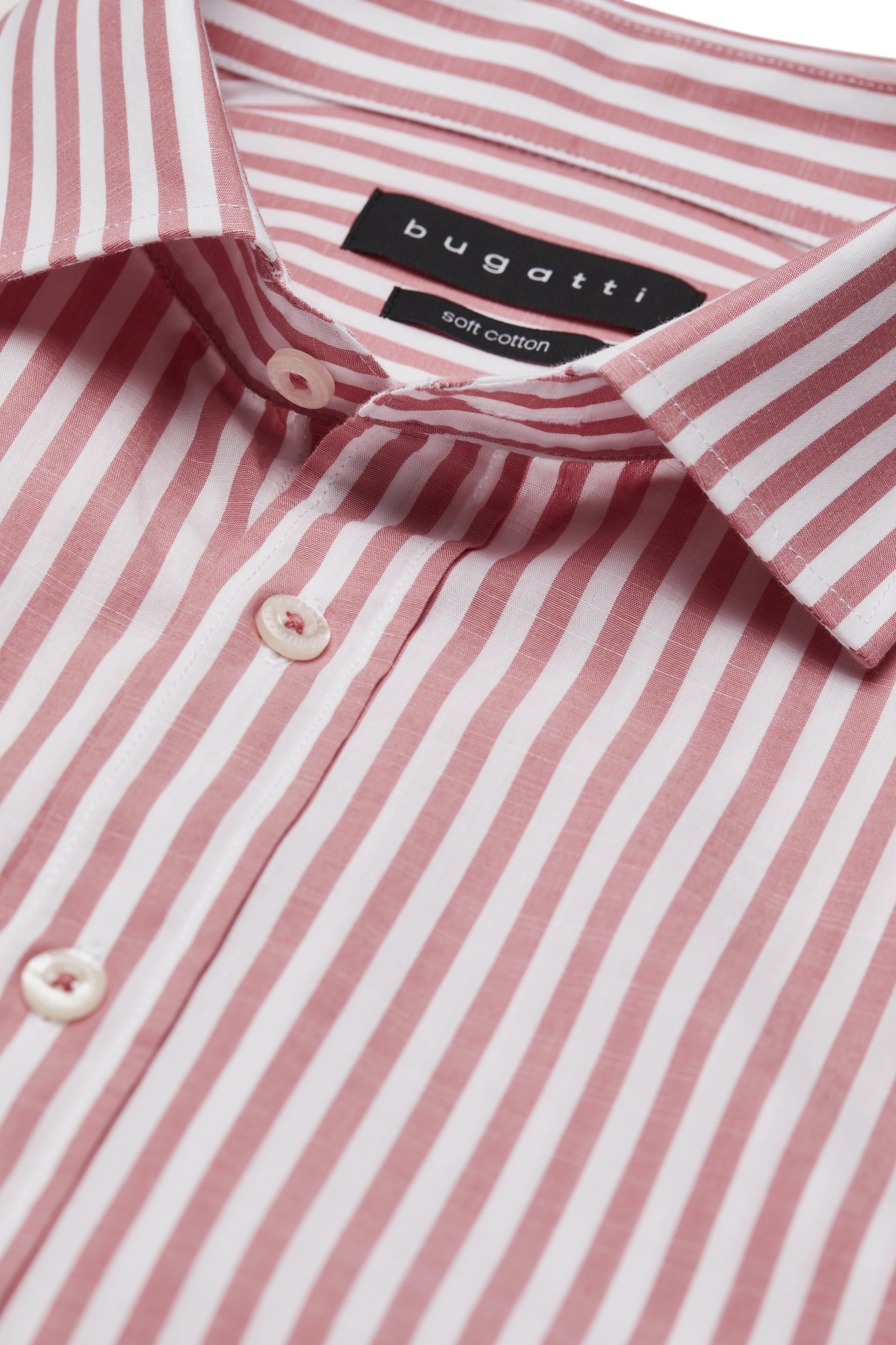 bugatti shirt, pink-white stripes, soft cotton, bust view, timeless style.