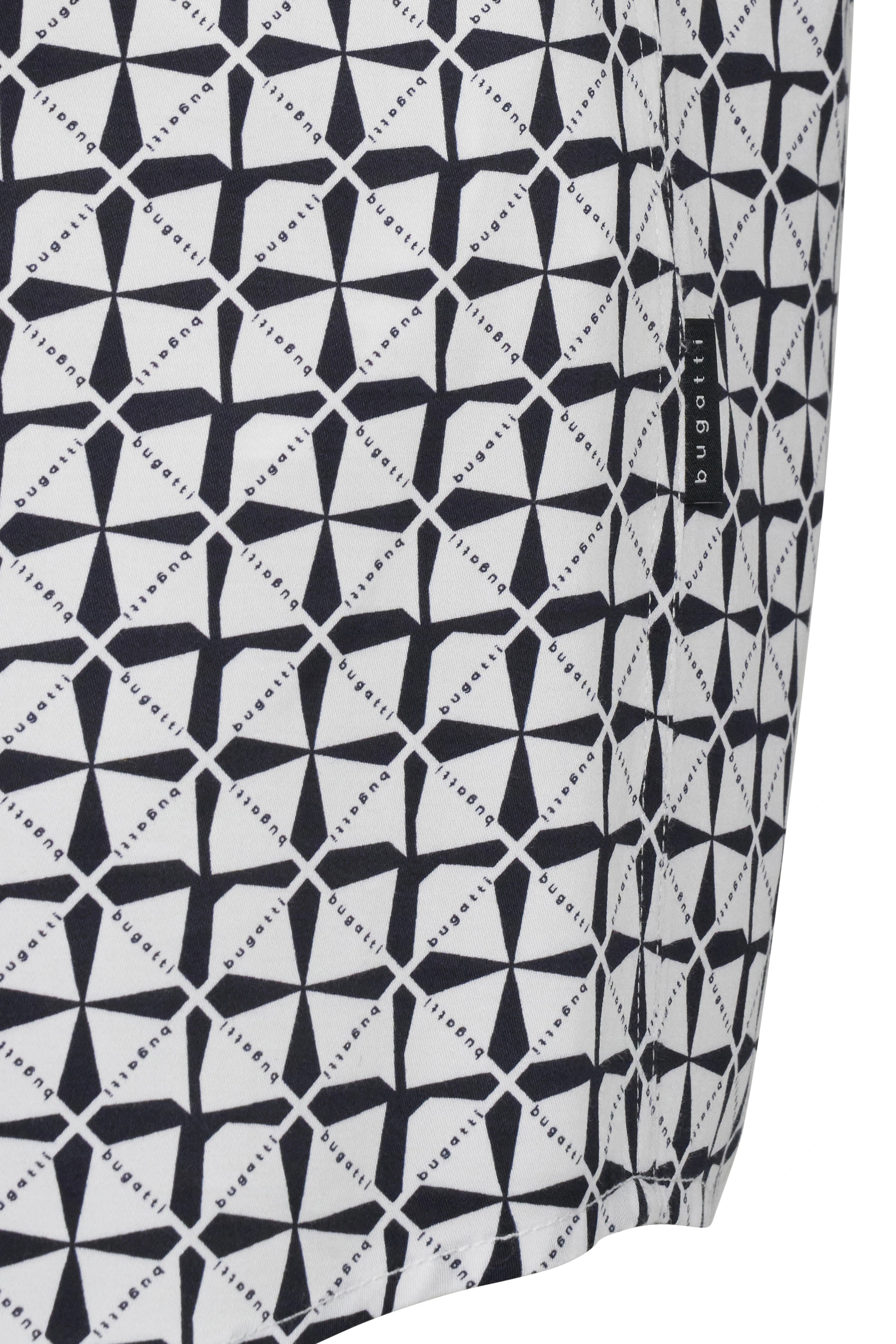bugatti stofpatroon in zwart-wit met geometrisch ontwerp en logo.