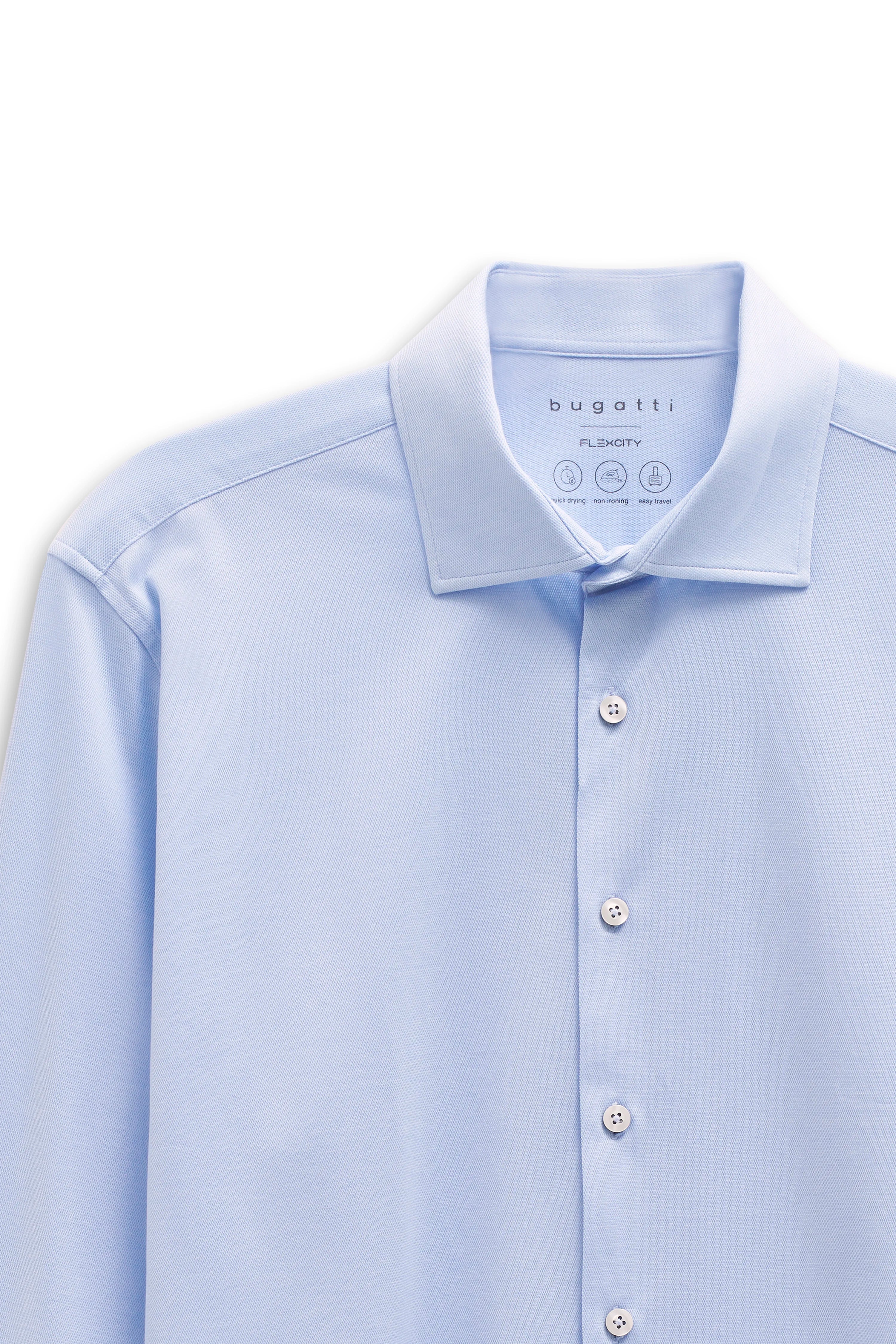 bugatti light blue shirt, classic collar, bust view. Timeless elegance and high quality.