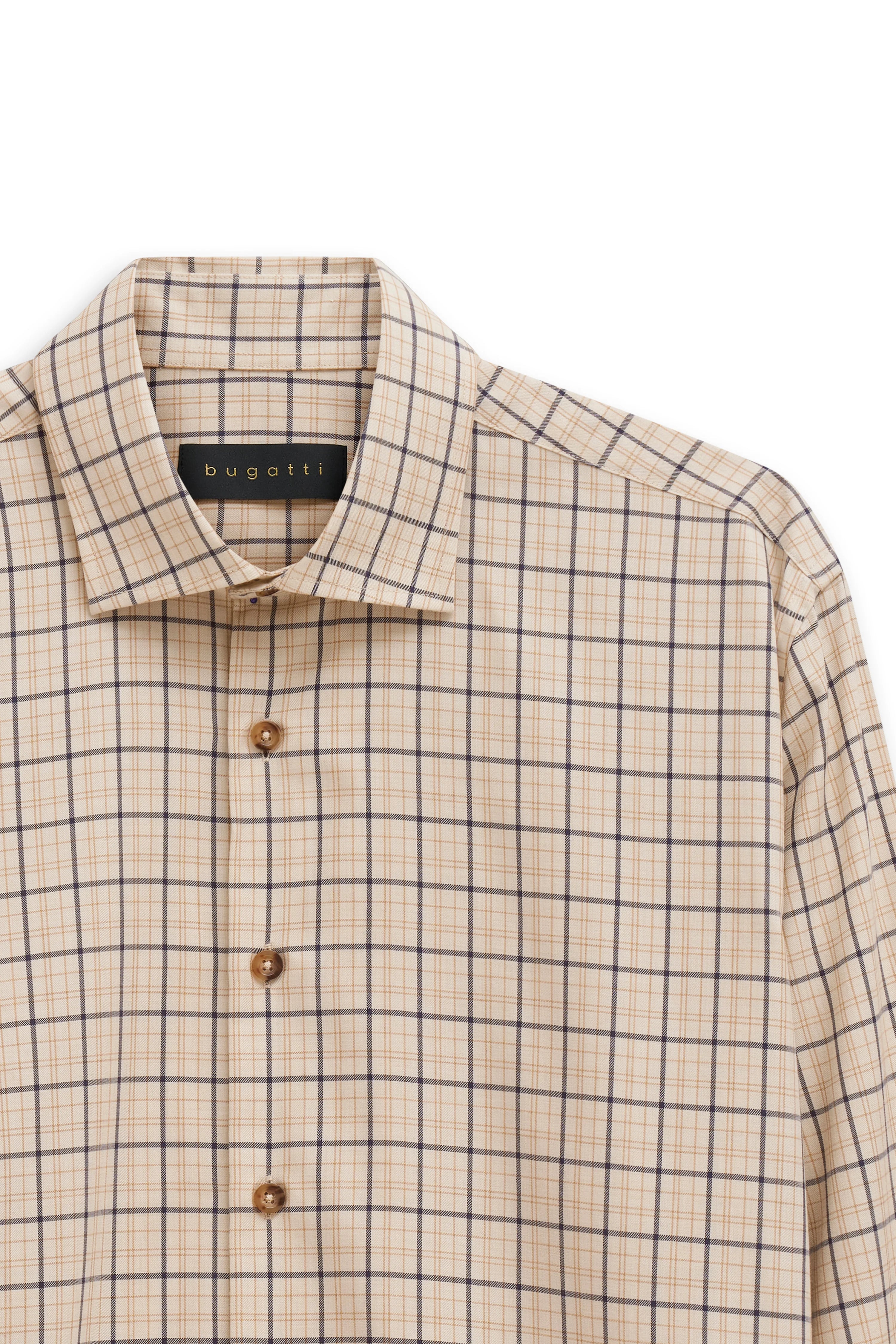 Beige plaid bugatti shirt, bust view, elegant style.