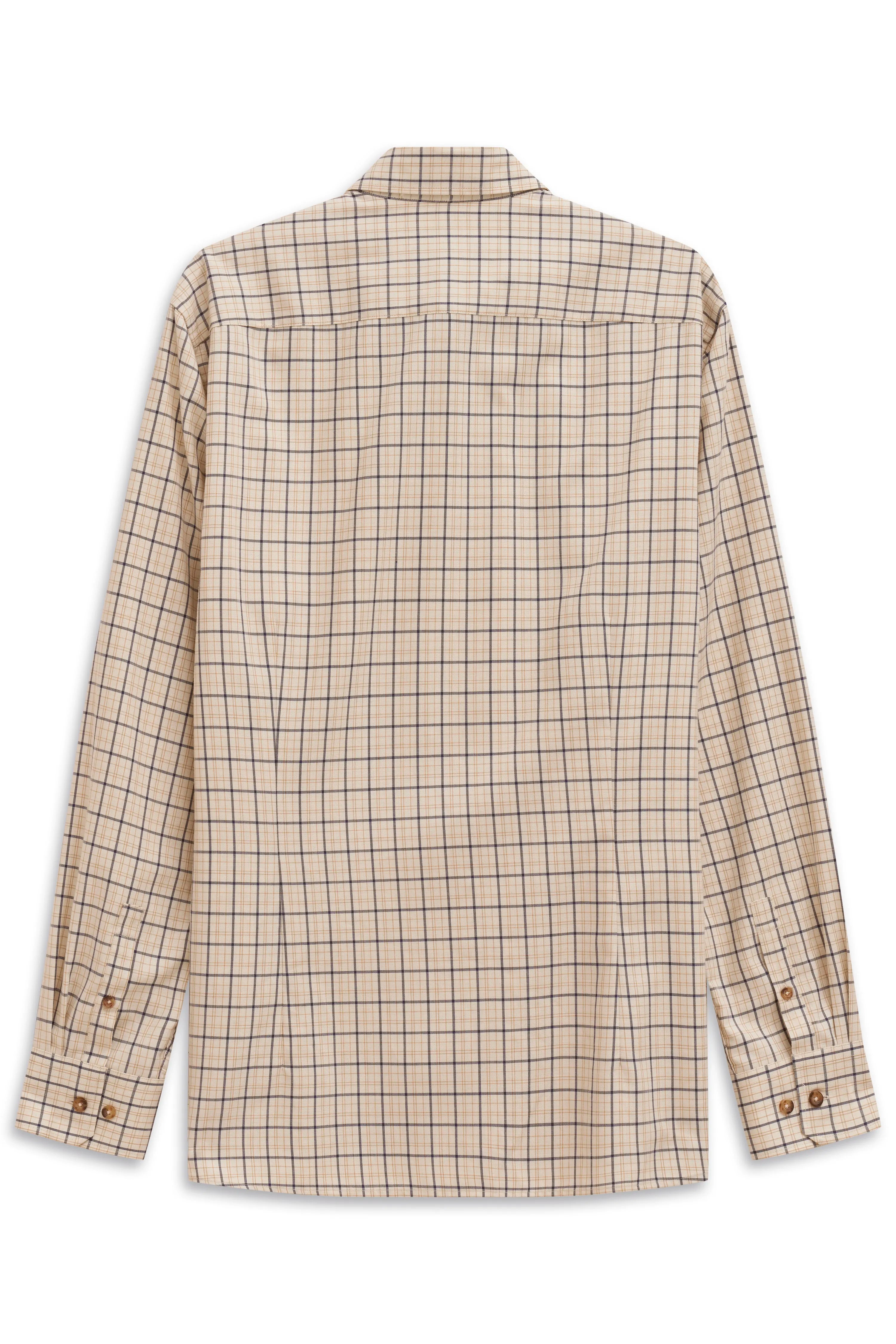 Beige bugatti shirt with checkered pattern, bust view, classic button placket.