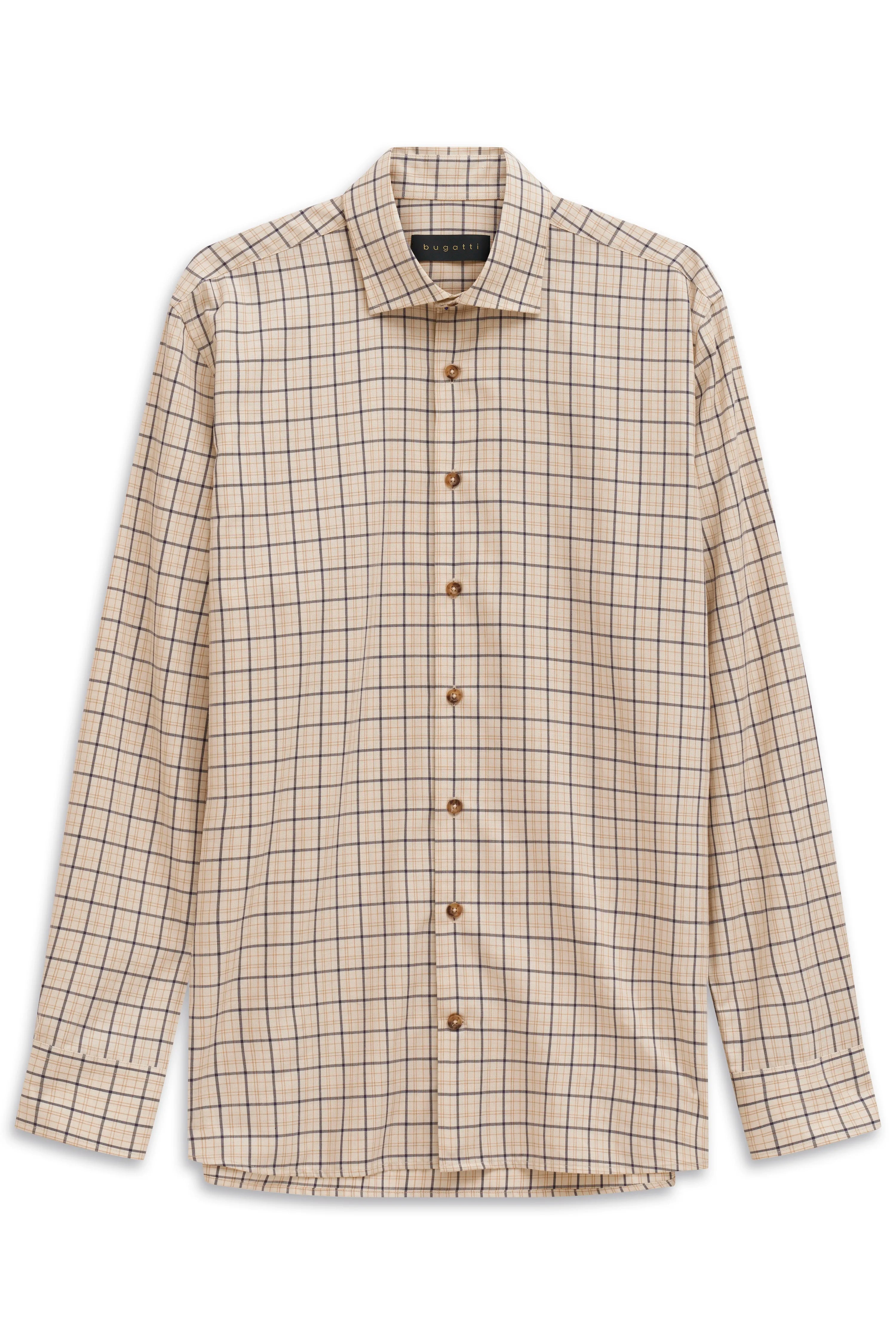 Beige checked bugatti shirt, casual bust, elegant button placket, timeless style.