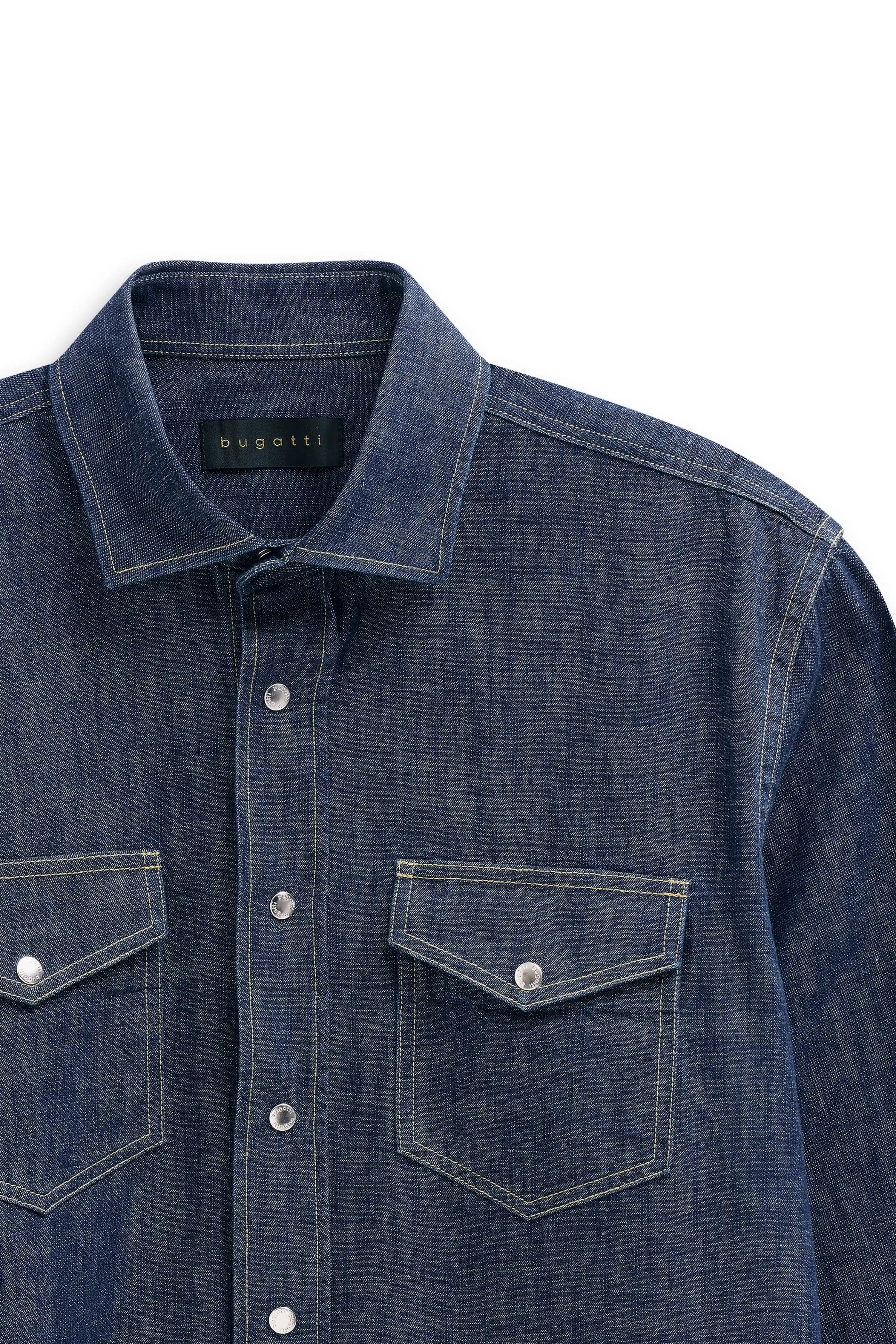 bugatti denim shirt with buttons, chest pockets, relaxed bust view, timeless style in dark blue.