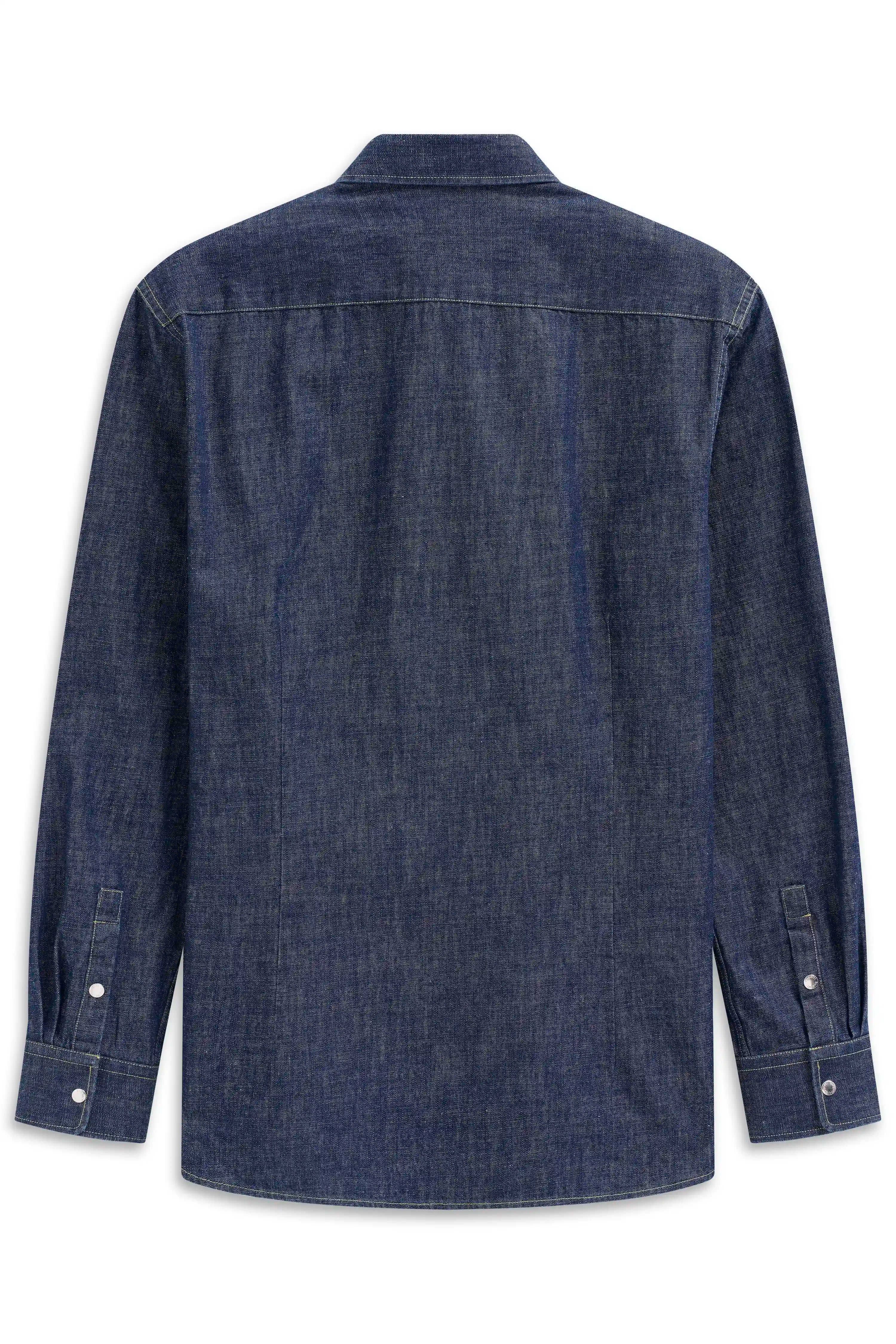 Dark blue bugatti denim shirt, back view, casual, stylish, and timeless.