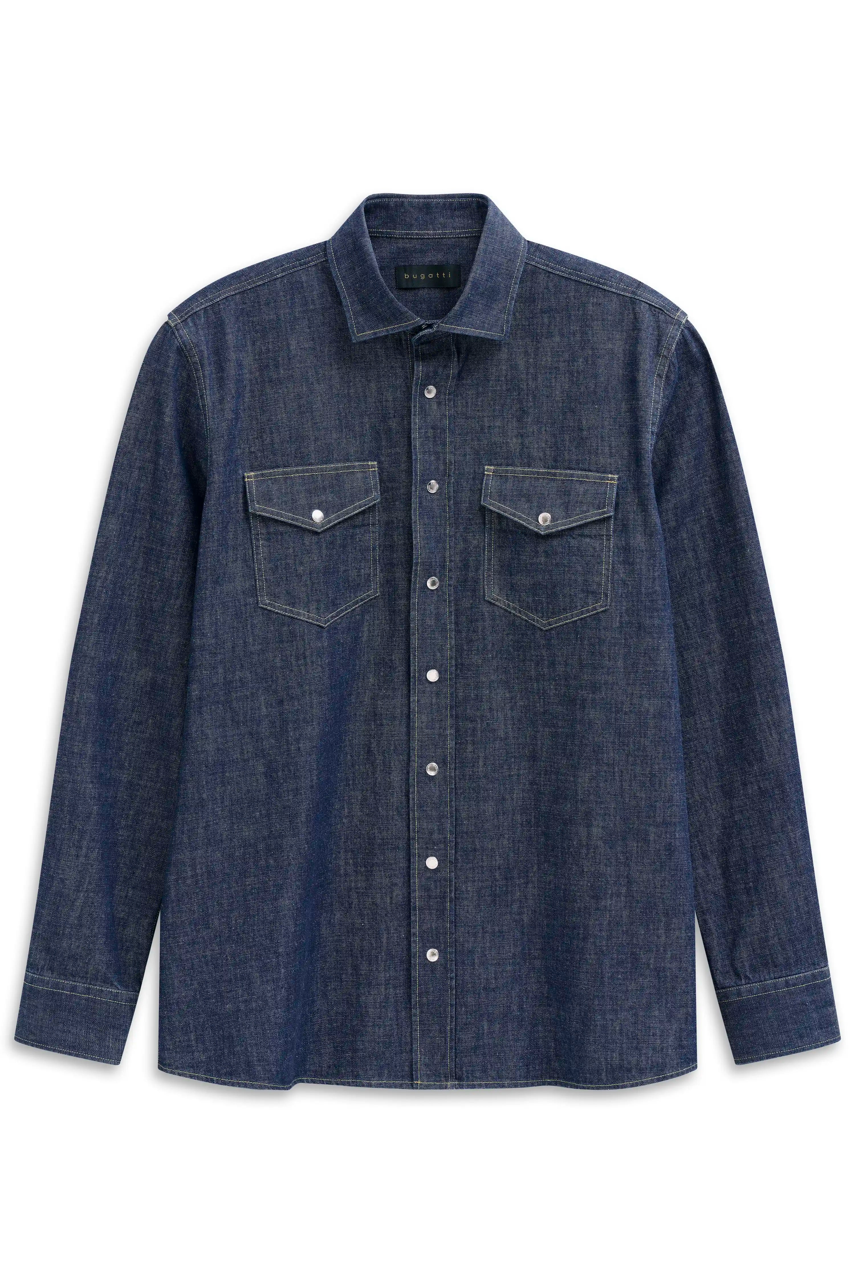 Denim shirt in dark blue, bust view, bugatti style and quality.
