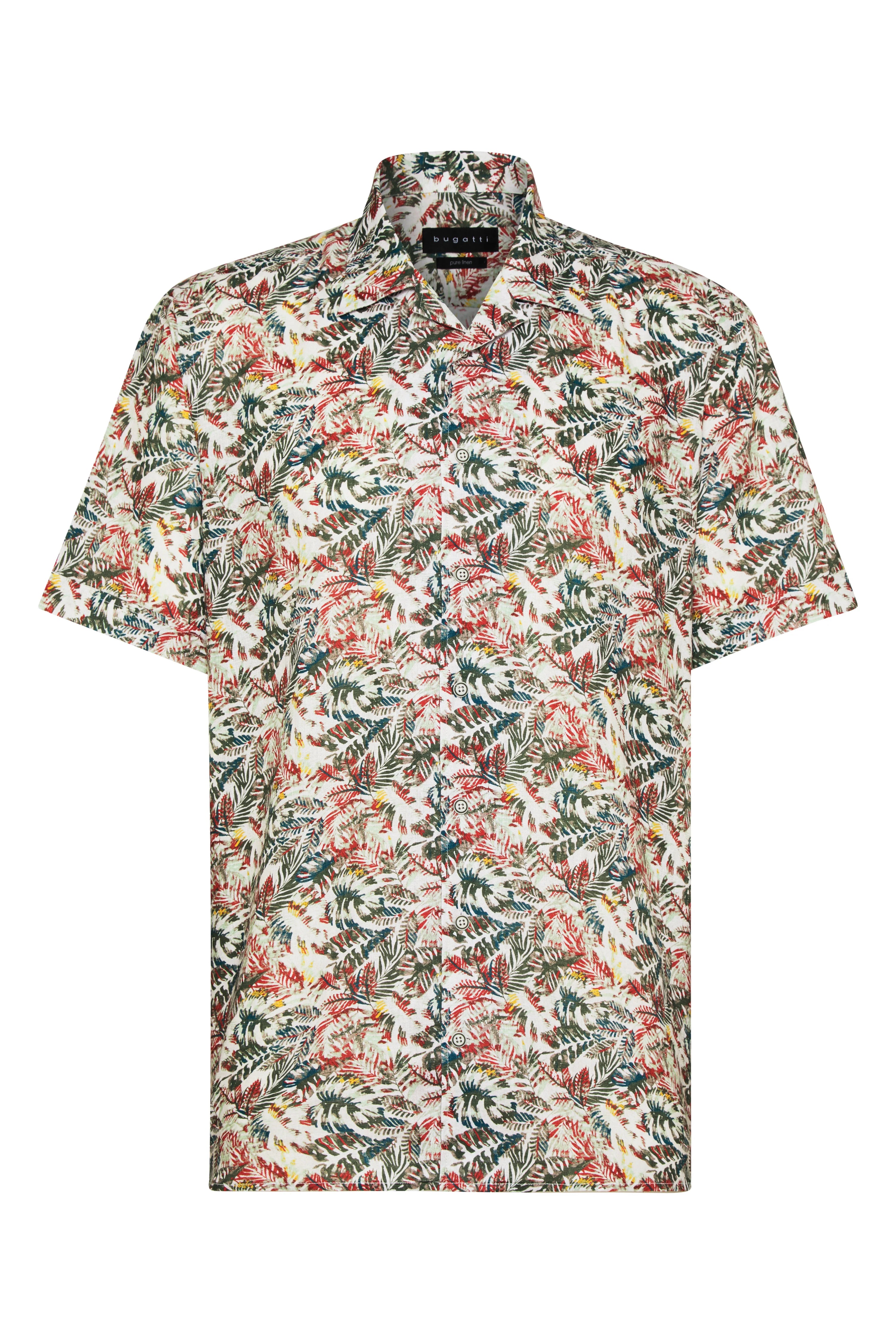 Short-sleeve shirt with red and green floral pattern by bugatti, bust view.
