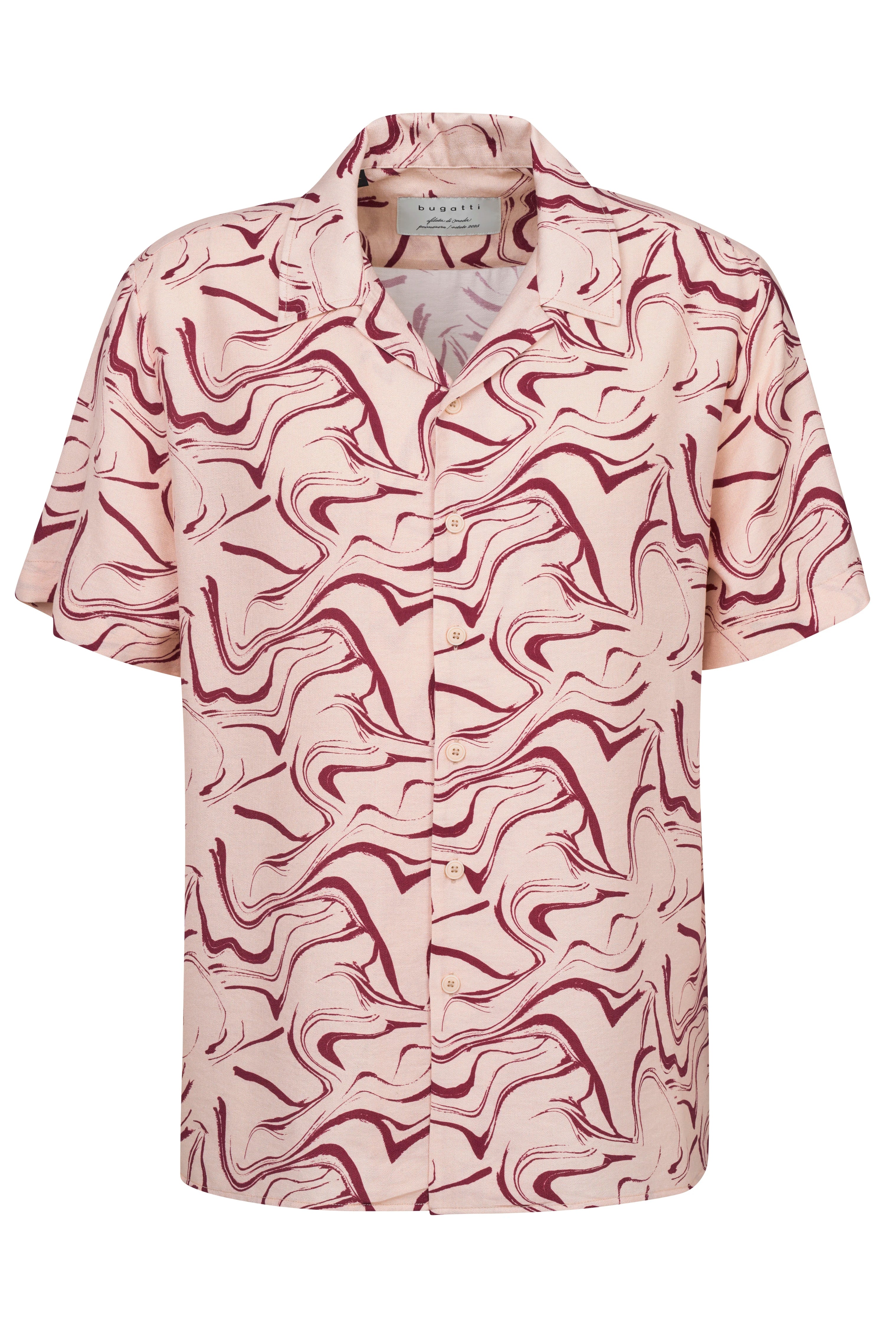 Kortemouwen shirt van bugatti, roze met bordeauxrood abstract patroon. Bustebeeld.