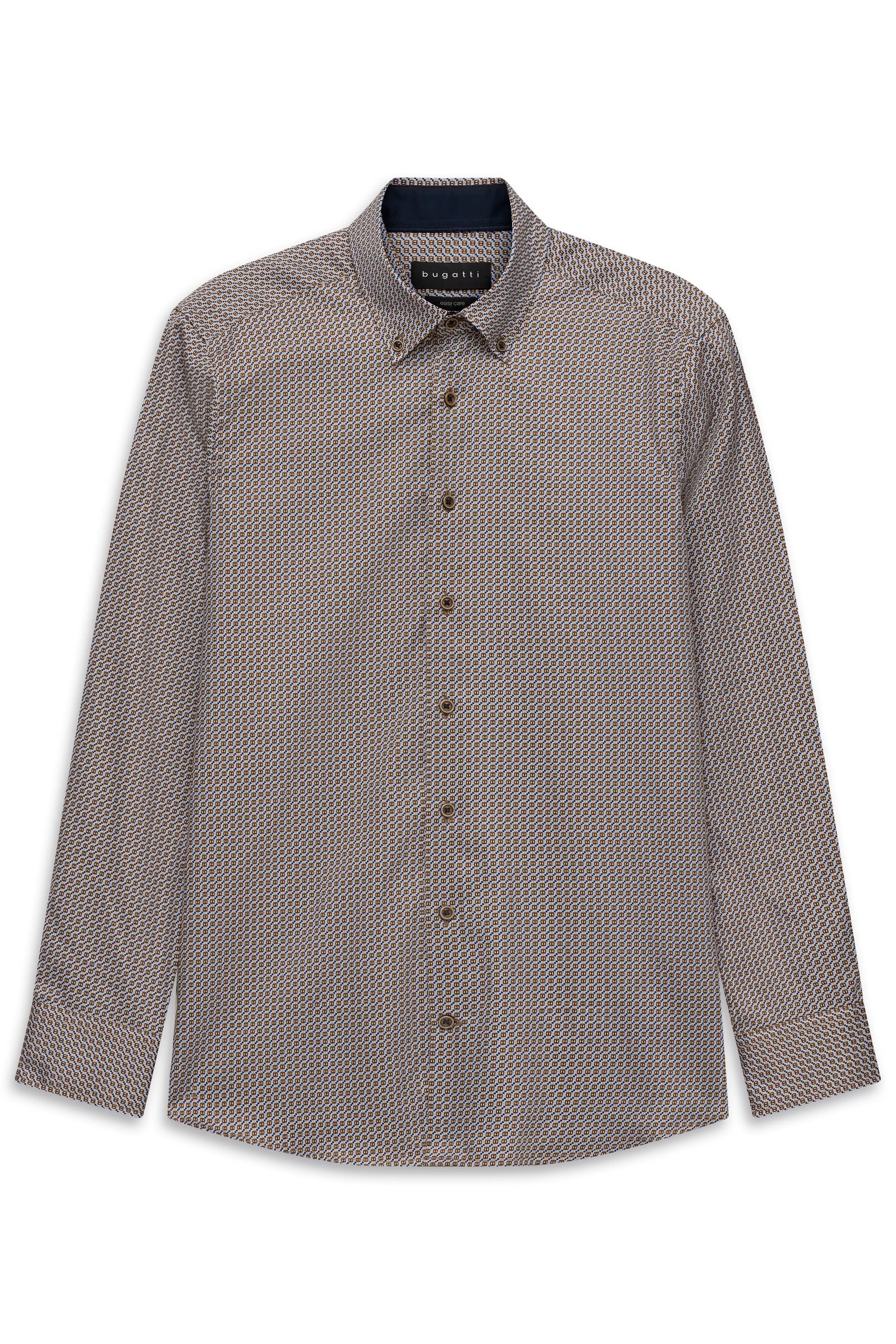 Bugatti Herrenhemd, geometrisches Muster, Braun und Beige, Büstenbild.