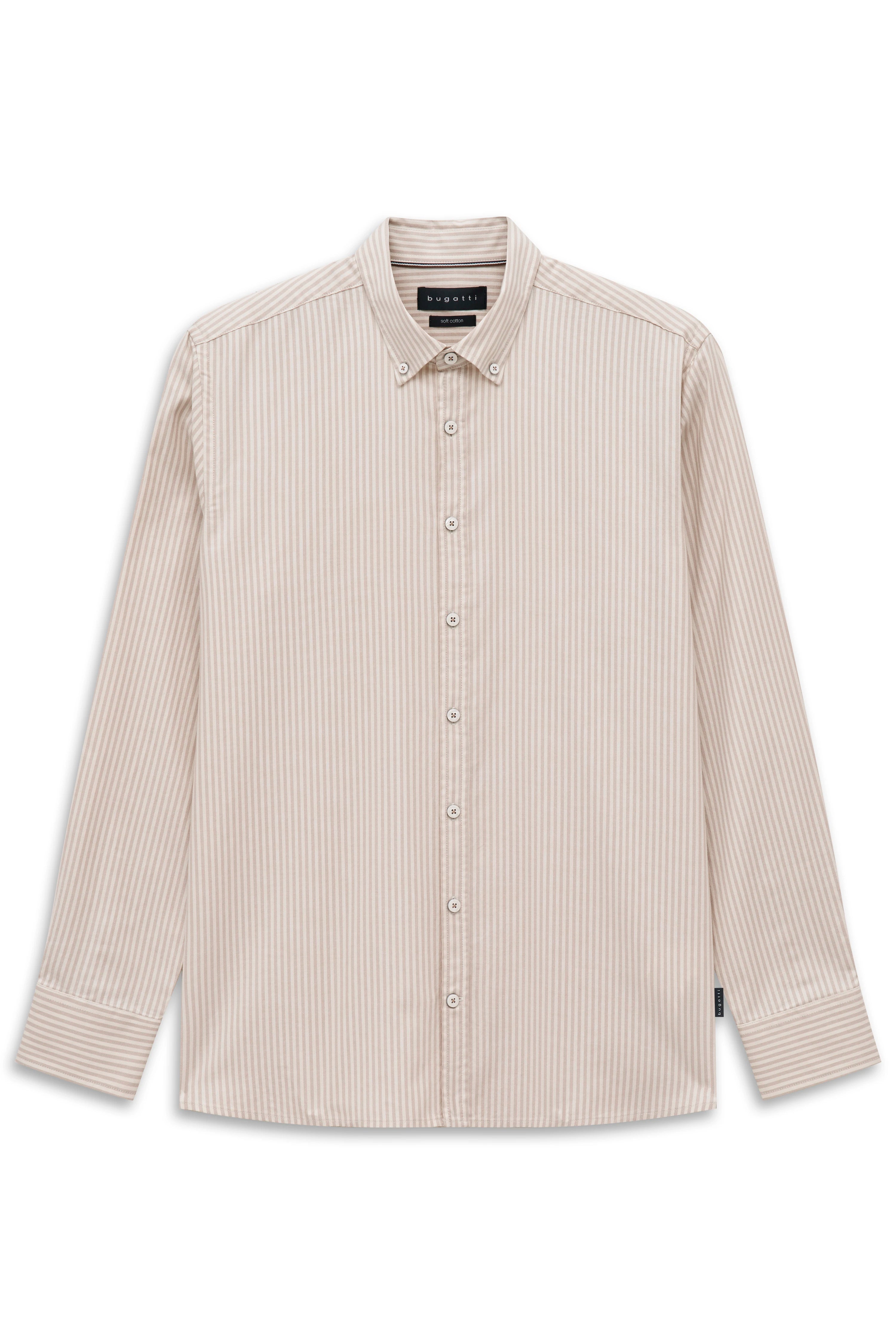 Bugatti gestreiftes Hemd in Beige, Büstenbild, eleganter Stil, hochwertiges Material.