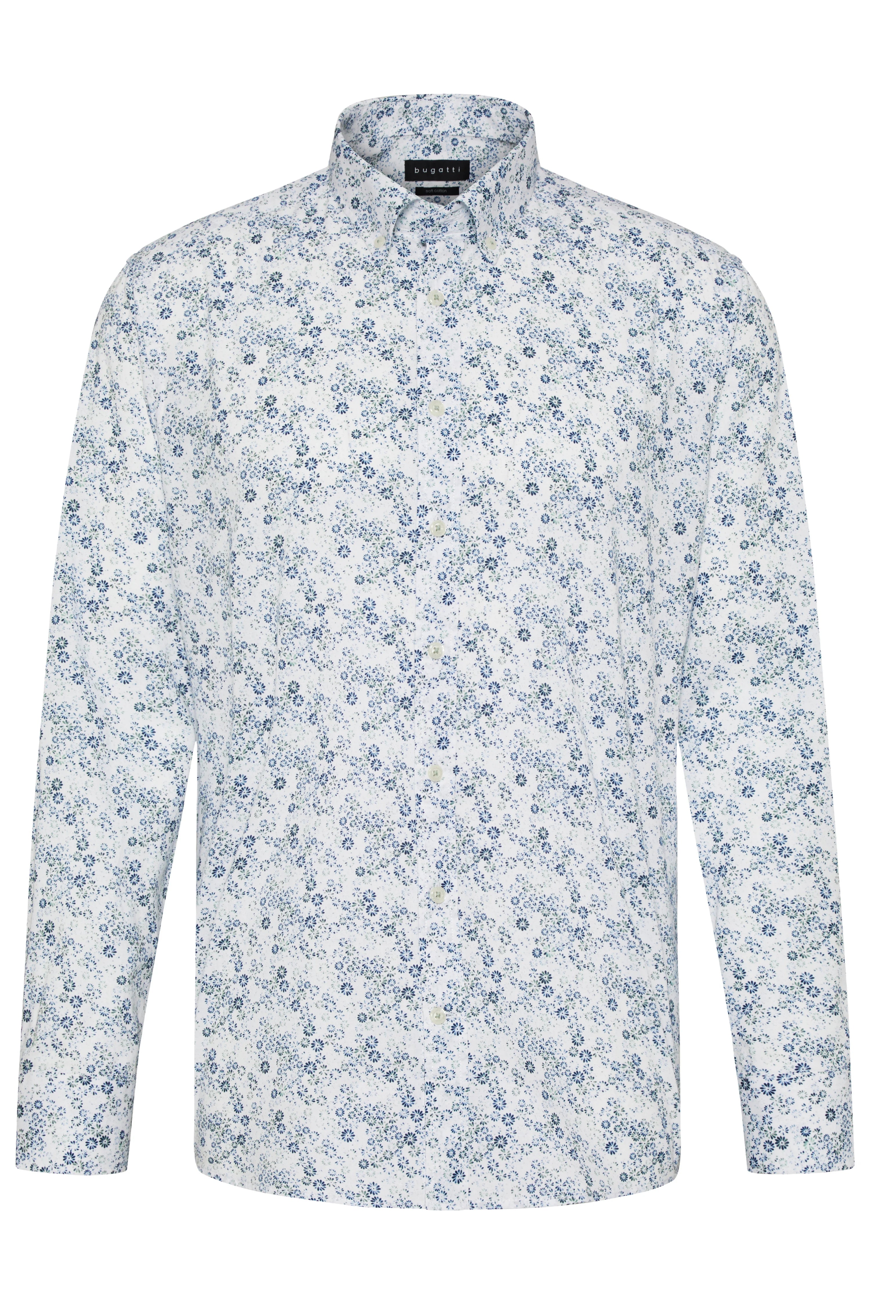bugatti men's shirt, blue floral pattern on white background, bust view.