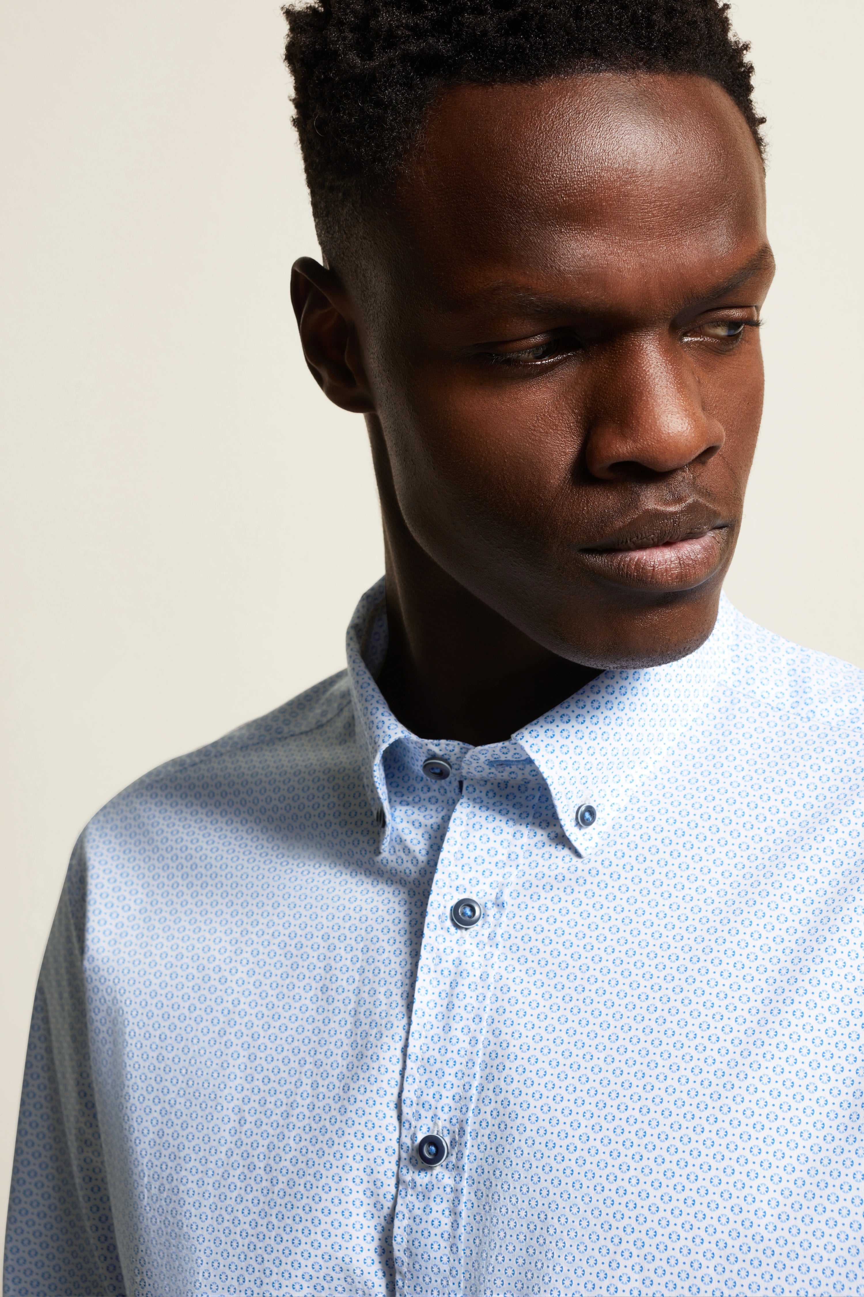 bugatti shirt, light blue with fine pattern, bust view.