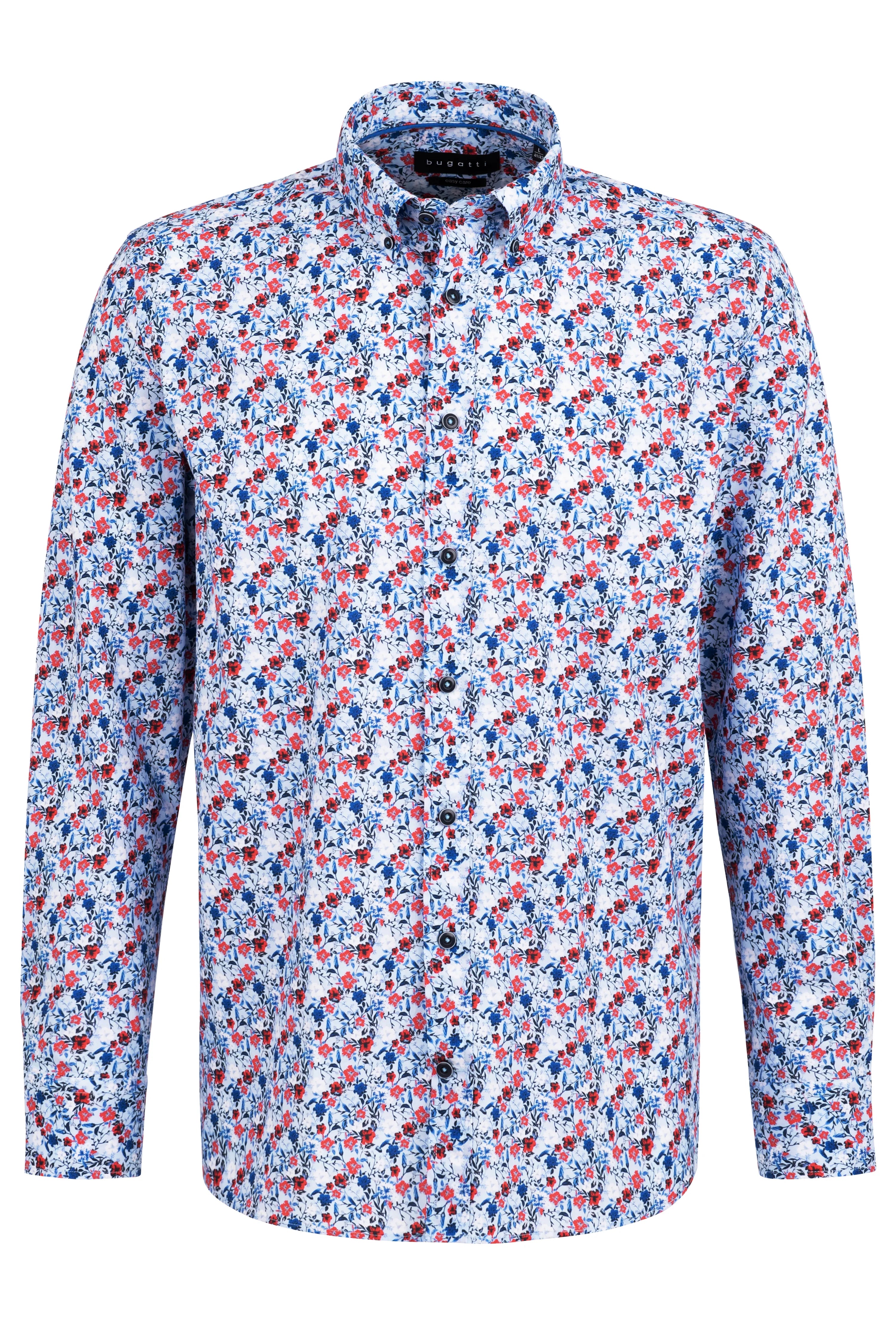Blue-white bugatti shirt with floral pattern, long sleeves, bust view.