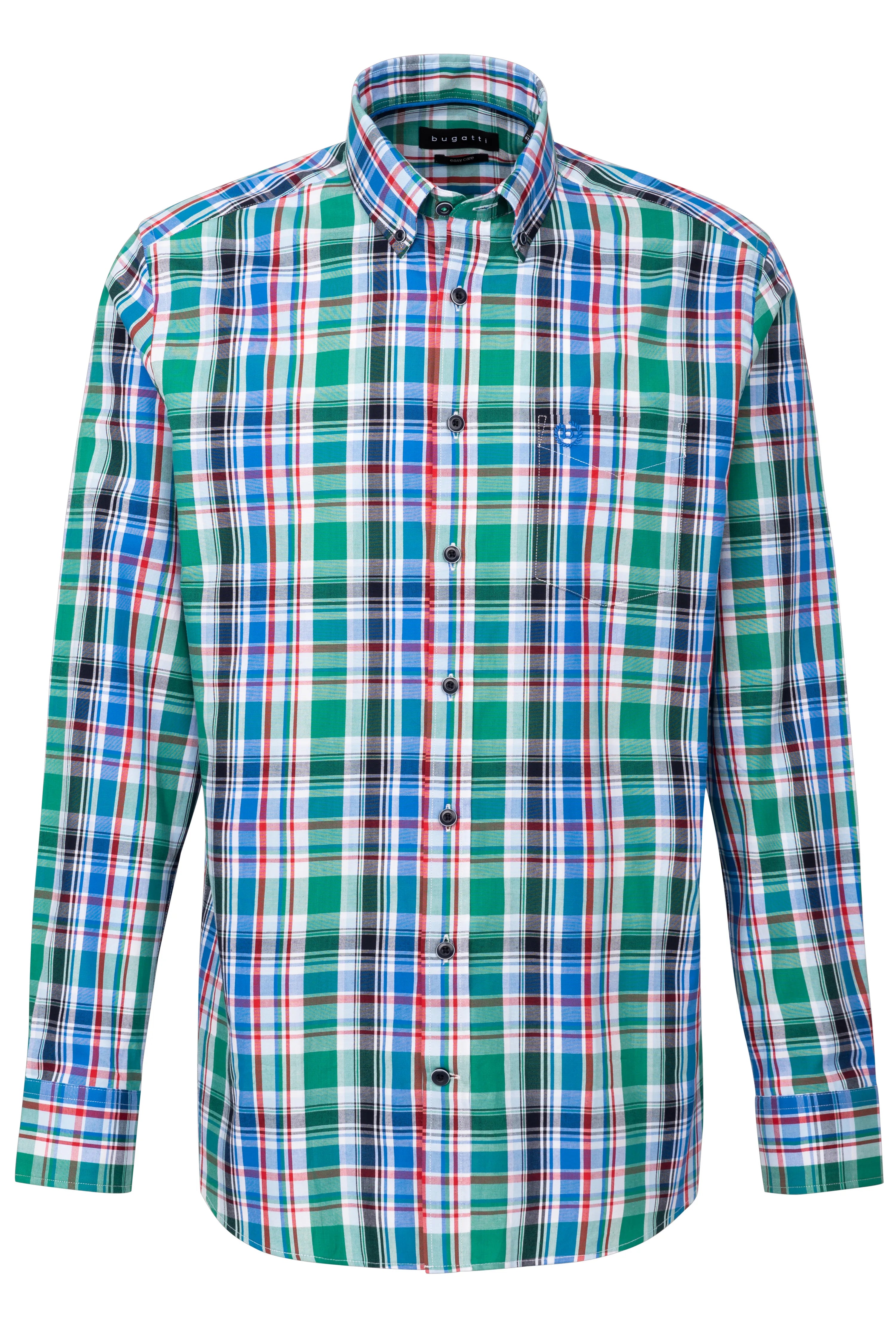 bugatti geruit overhemd in groen, blauw, rood, wit, buste, klassiek ontwerp met knoopsluiting.