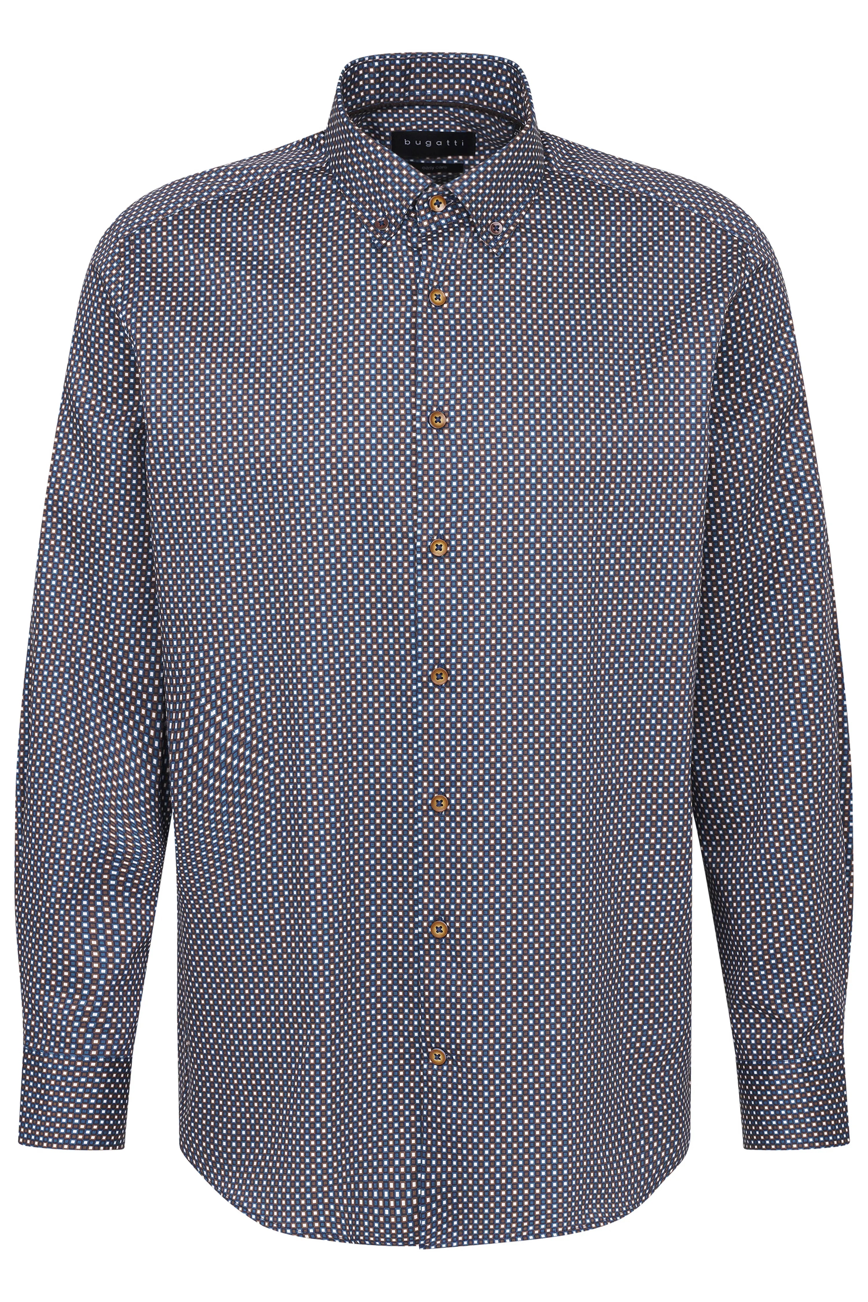bugatti shirt with blue geometric pattern, long sleeve, bust view.