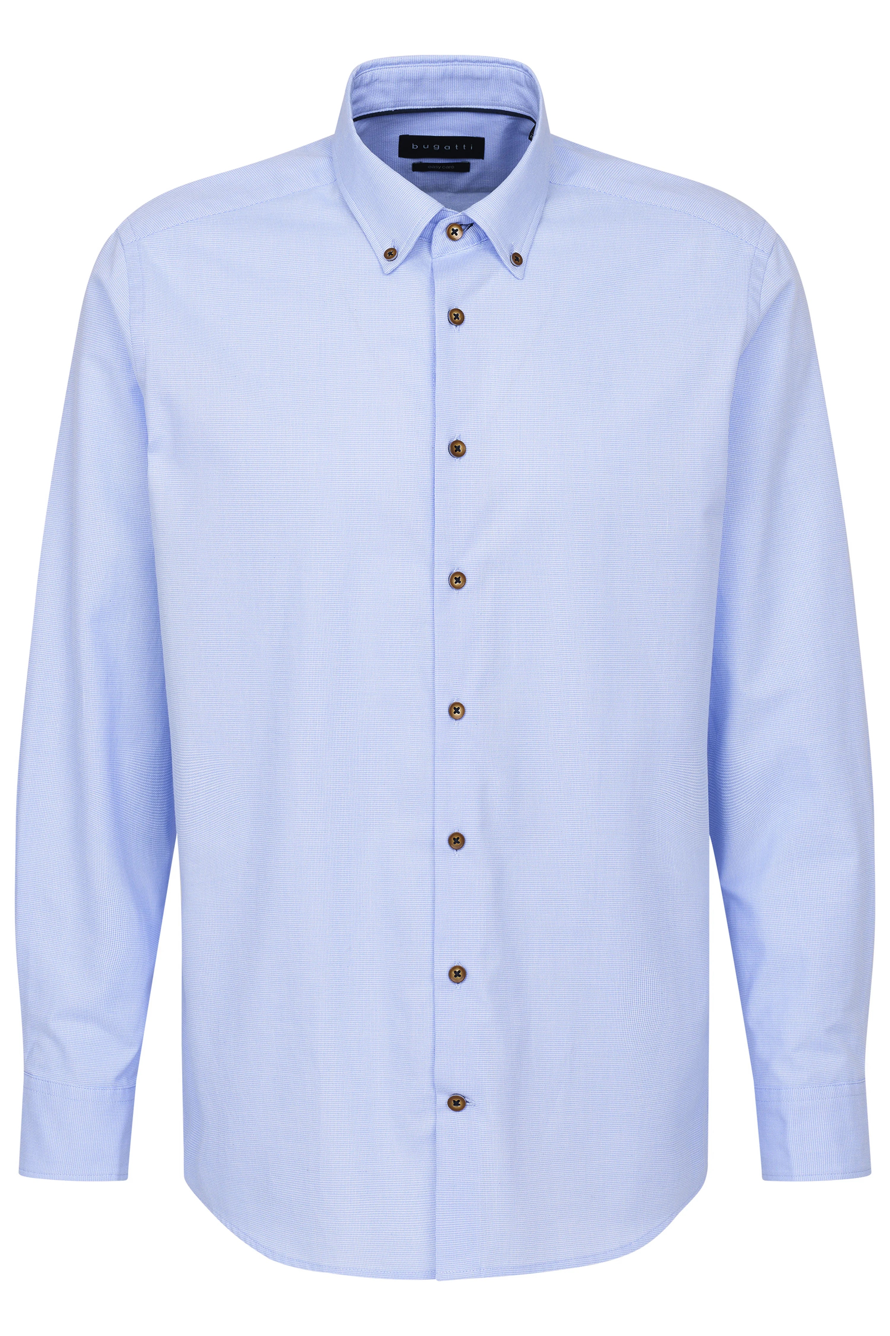 Blue bugatti shirt, bust shot, button-down collar, elegant brown buttons.